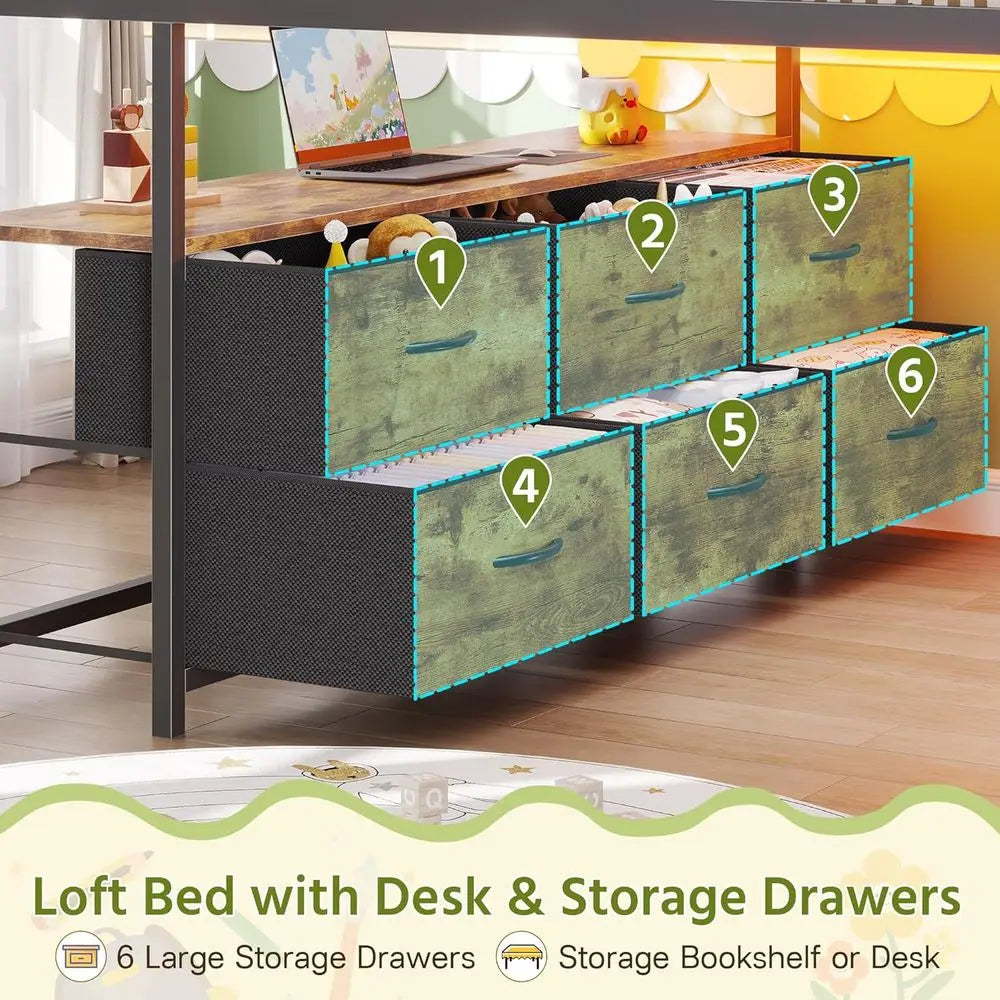 Low Loft Bed With Desk, LED Lights, Storage Drawers