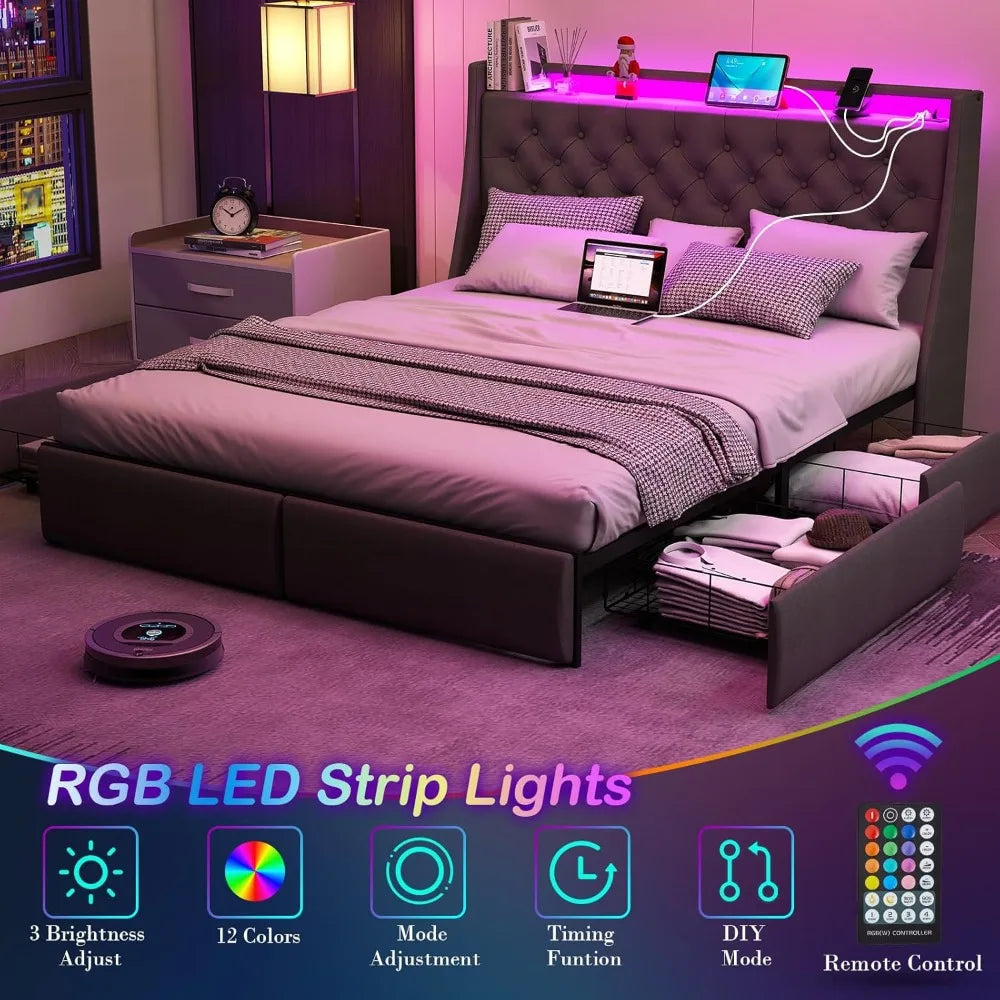 Bed Frame With Storage Drawers And Led Lights Upholstered Headboard