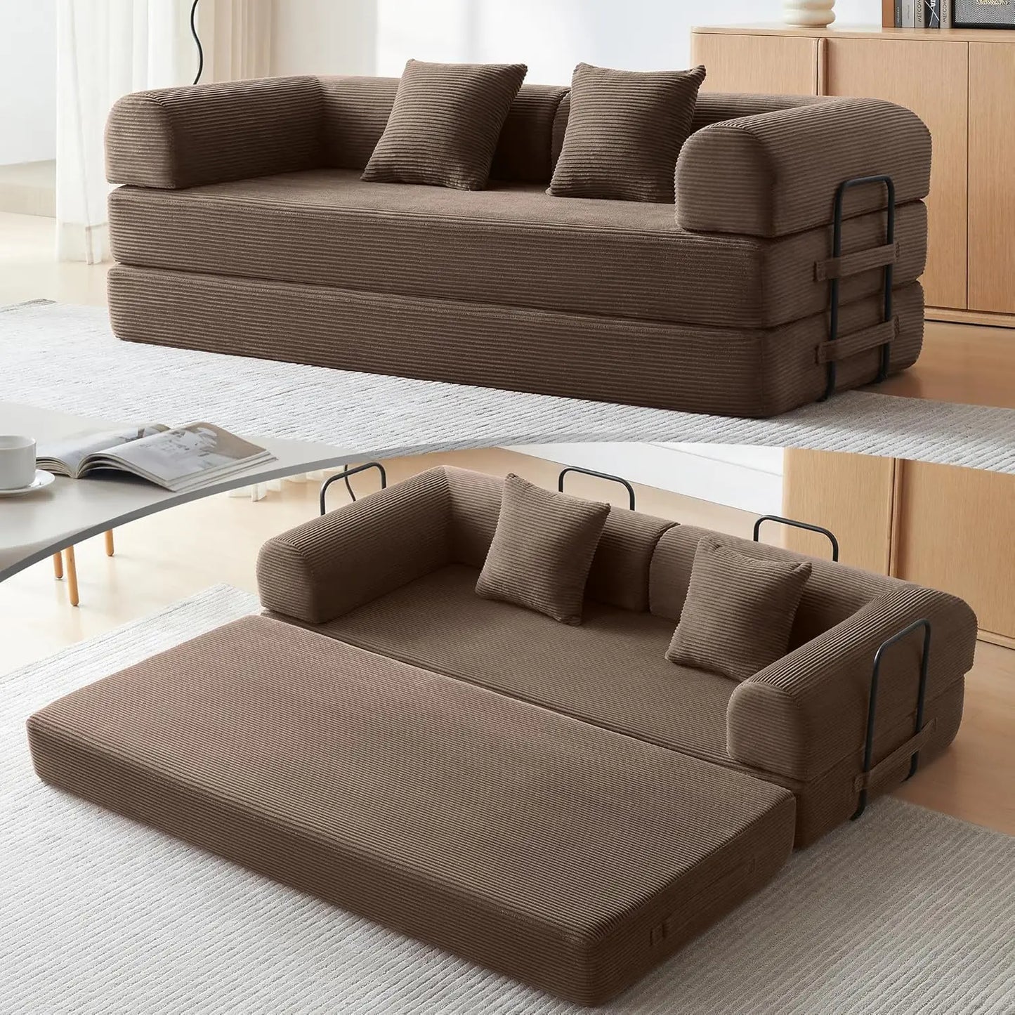 OIMG Corduroy Sleeper Sofa Bed With Fixed Frame And Mattress