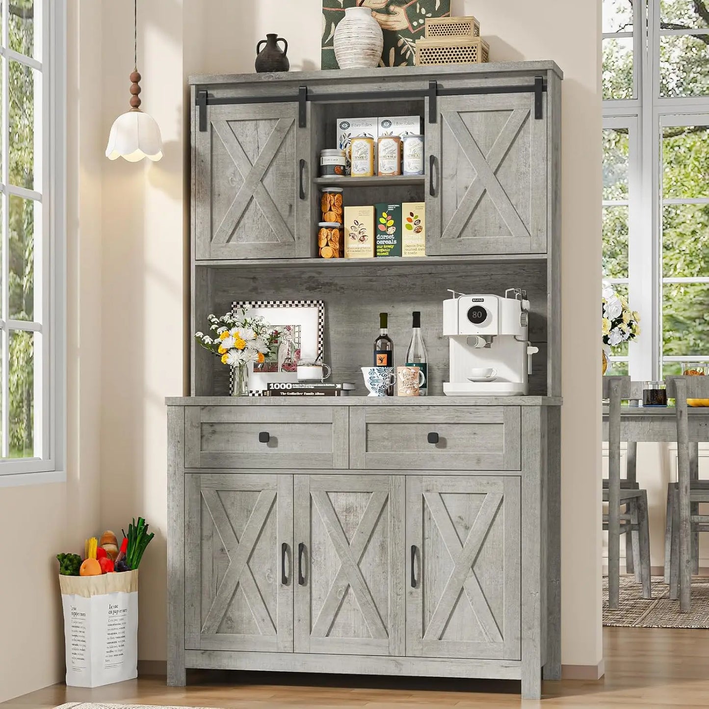 Tall Farmhouse Pantry Cabinet With LED Light And Charging Station