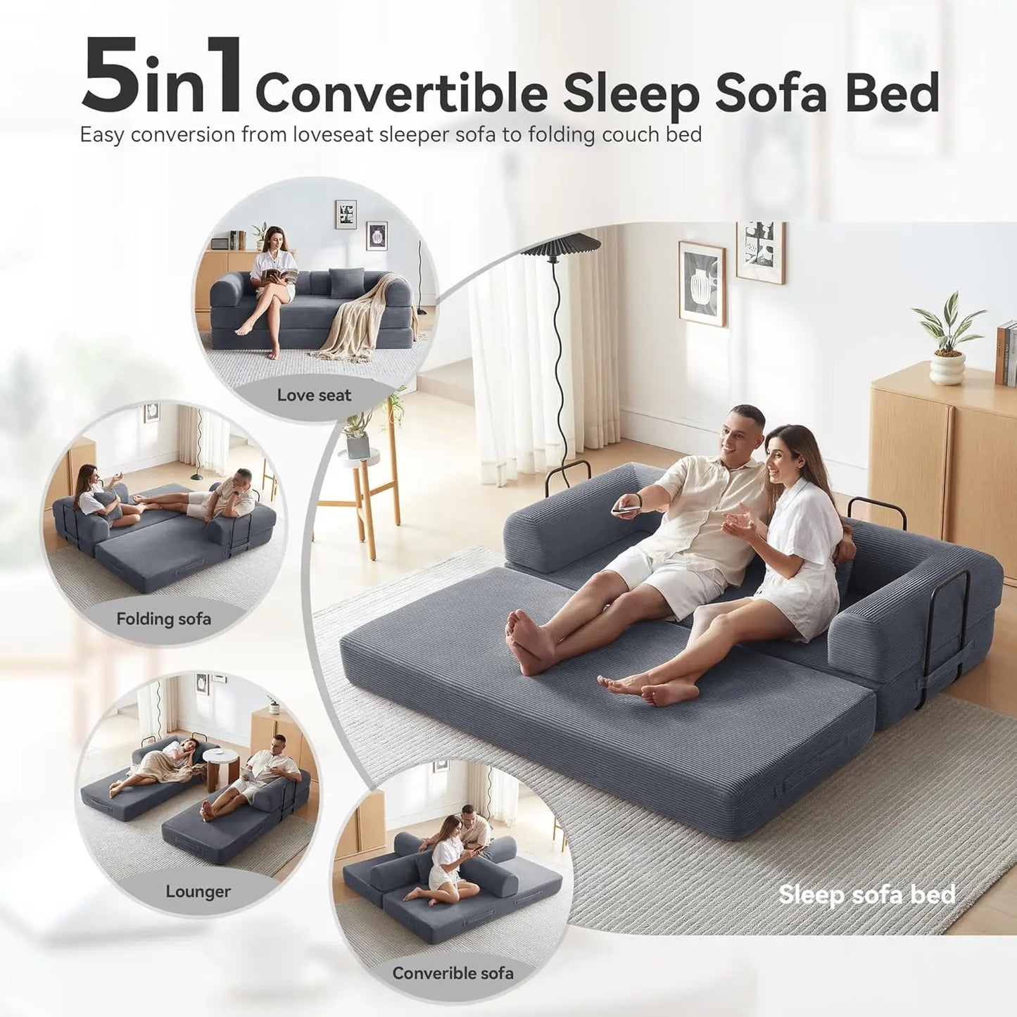 OIMG Corduroy Sleeper Sofa Bed With Fixed Frame And Mattress