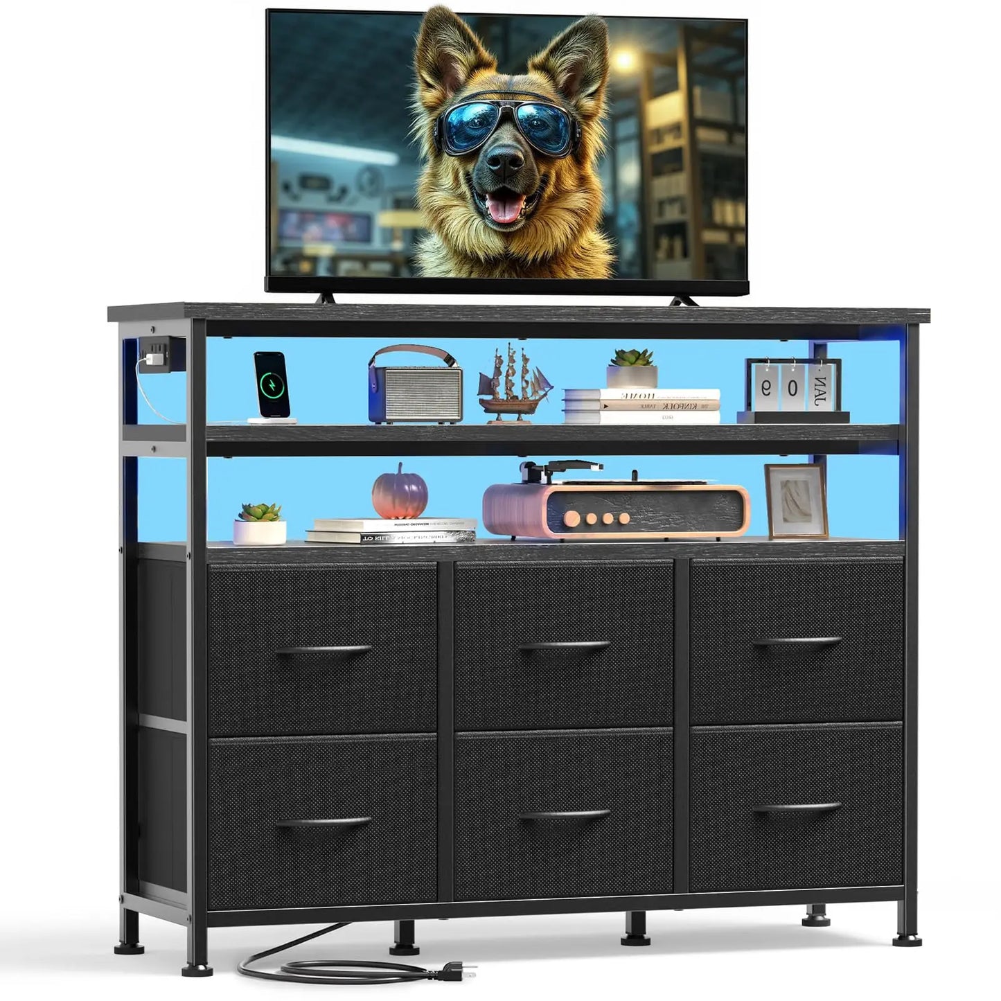 JHK TV Stand Dresser With Six Fabric Drawers Wood Top Living Room Console