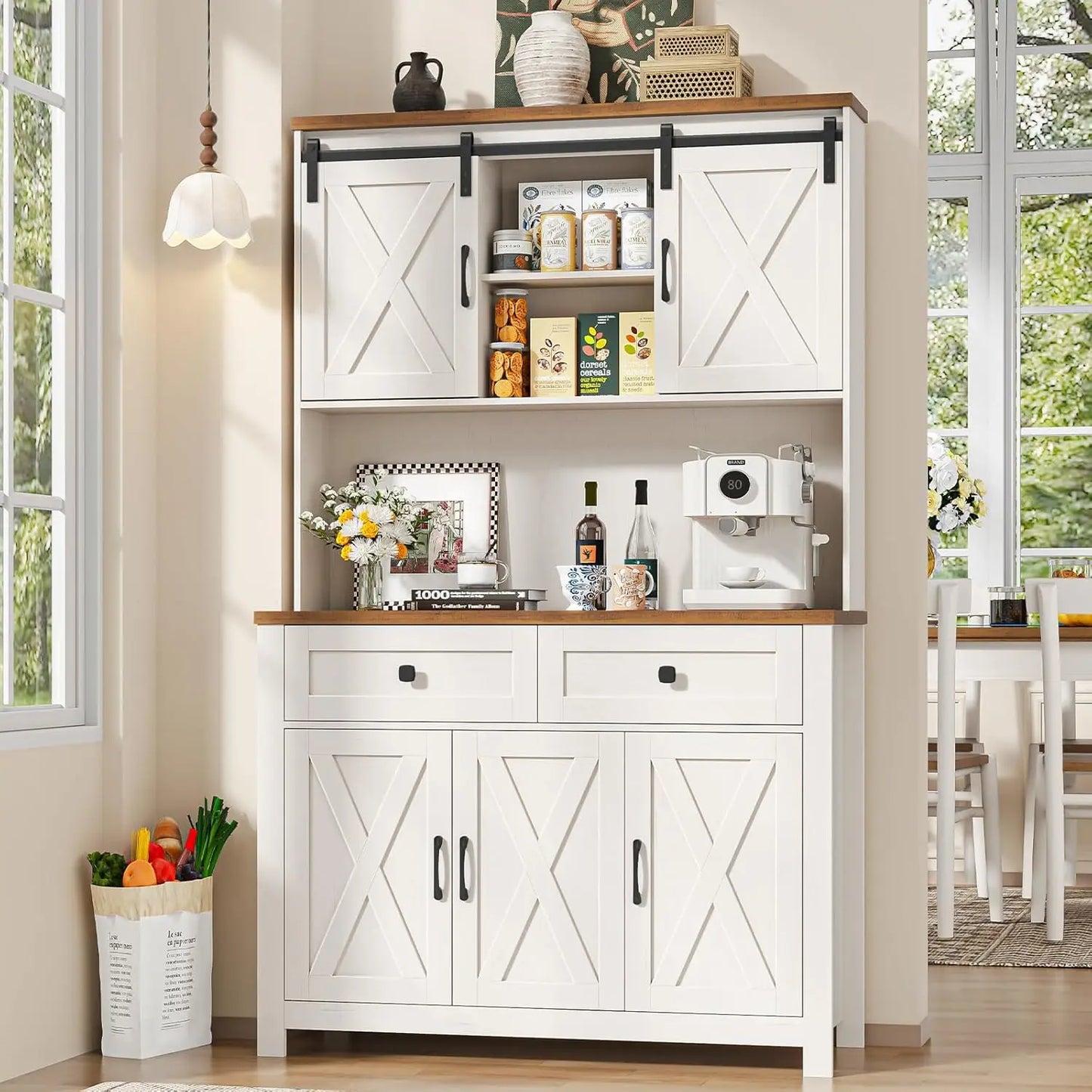 Tall Farmhouse Pantry Cabinet With LED Light And Charging Station