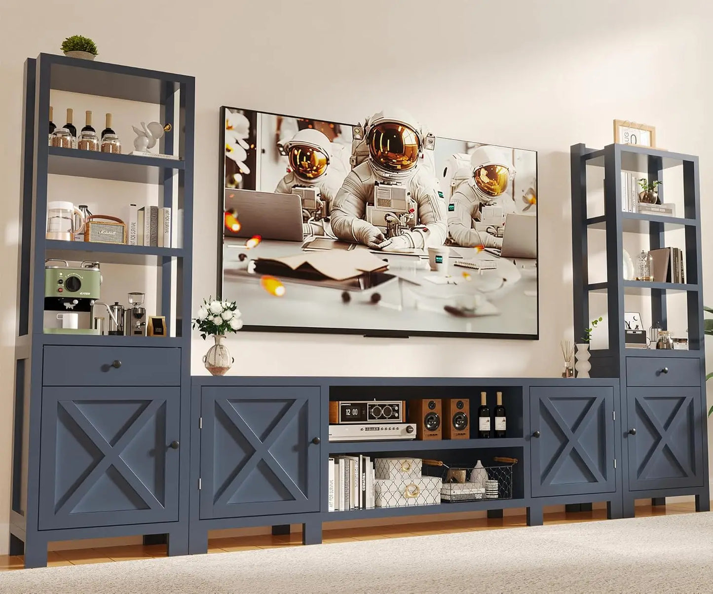 Entertainment Center Wall Unit TV Stand With Bookshelves Power Hub