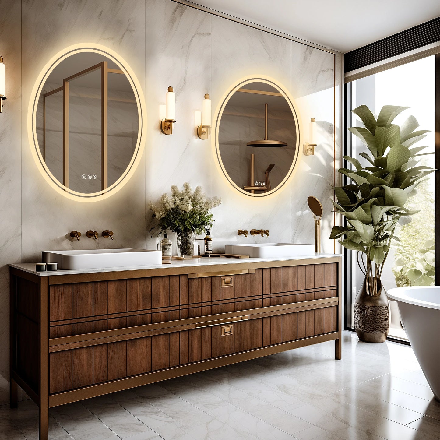LED Backlit Round Vanity Mirror Wall Mounted Anti Fog Dimmable