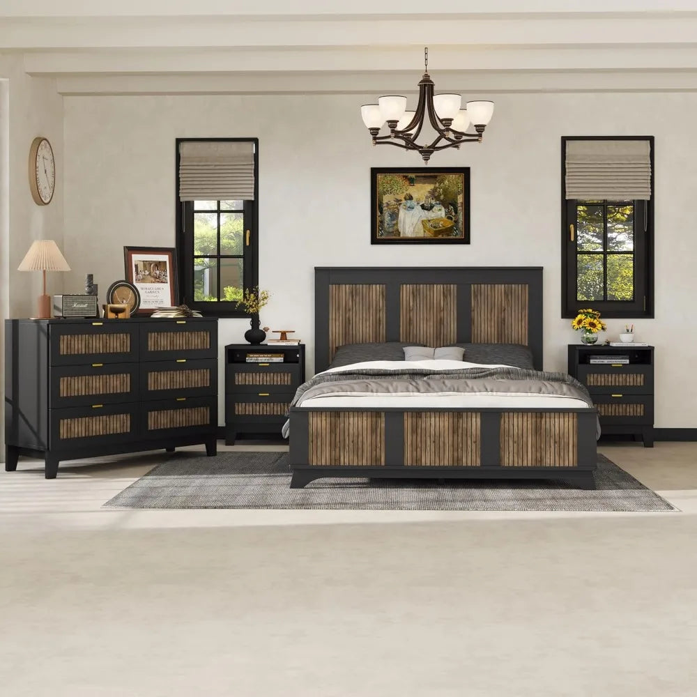 MKDK 4 Piece Bedroom Set Platform Bed Nightstands Dresser
