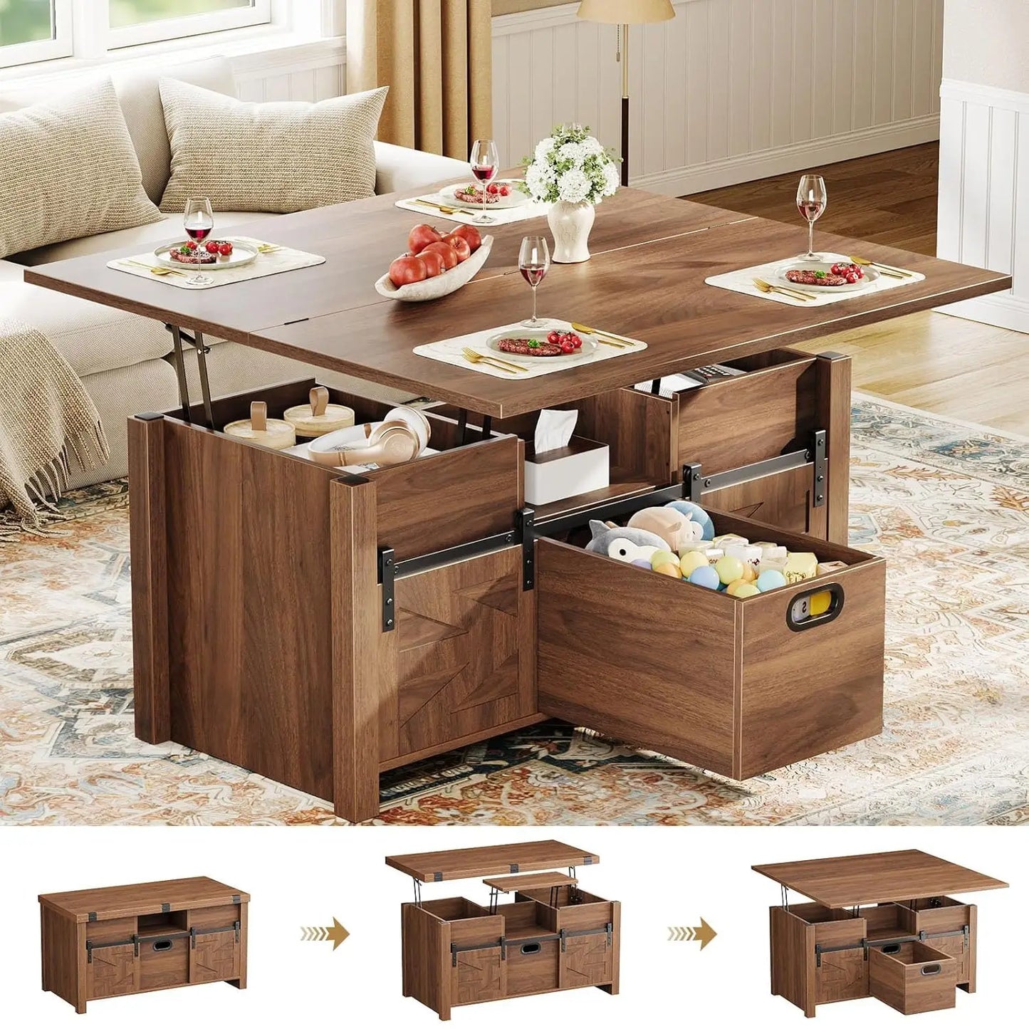 Farmhouse Lift Top Coffee Table With Sliding Barn Door