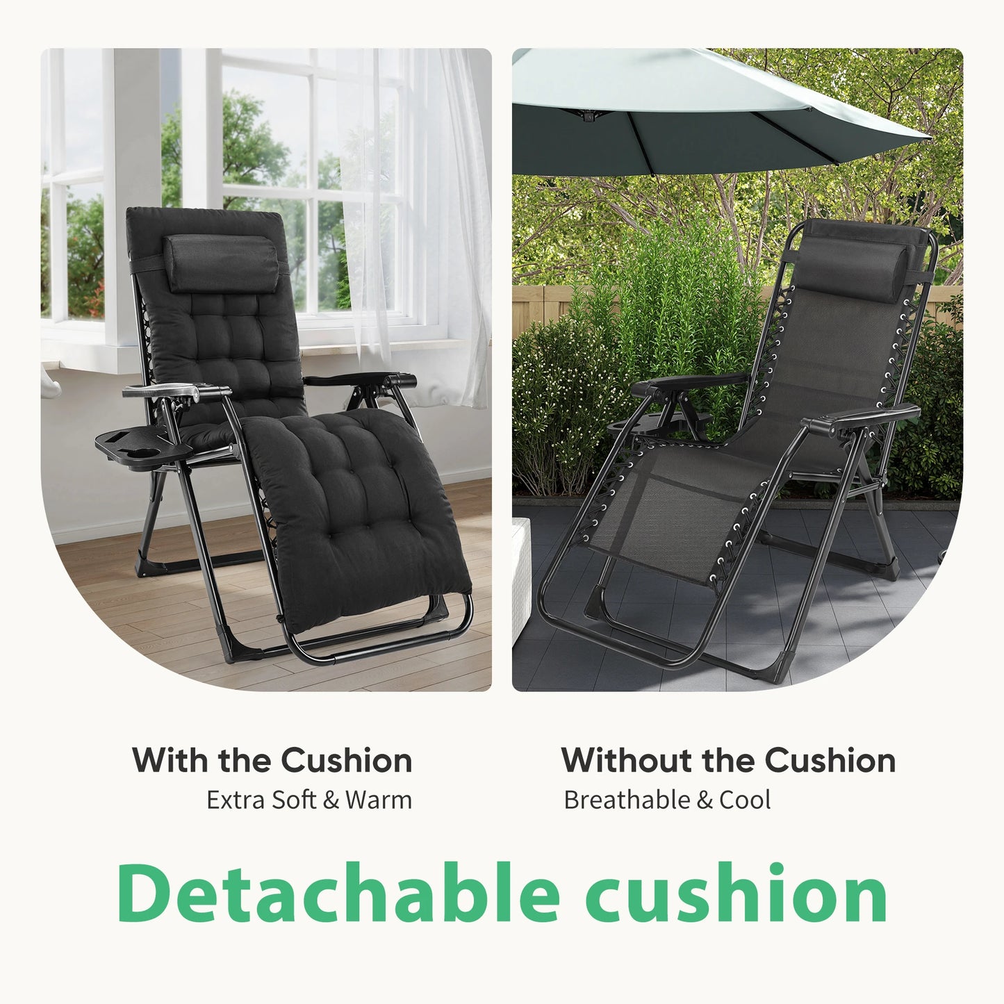 JHK Zero Gravity Recliner Outdoor Lounge Chair With Cup Trays