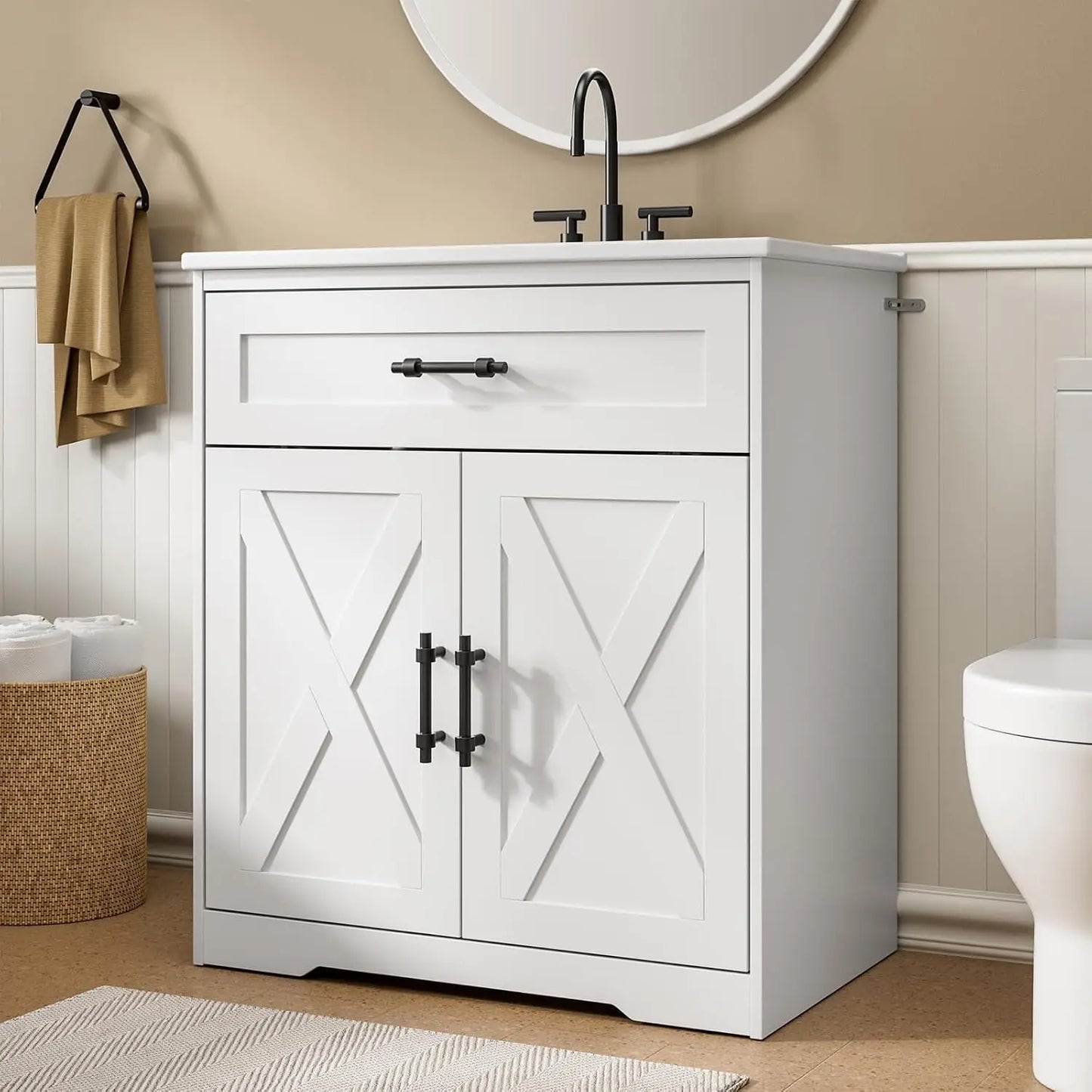 Amada Farmhouse Bathroom Vanity With Ceramic Sink And Shaker Cabinet