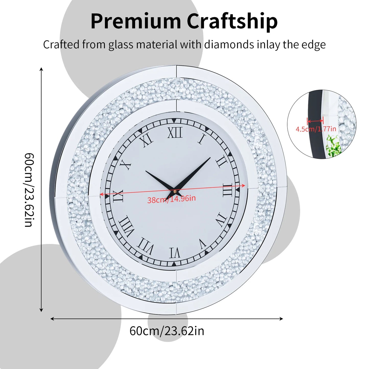 Round Mirror Wall Clock Crystal Sparkle Bling Living Room