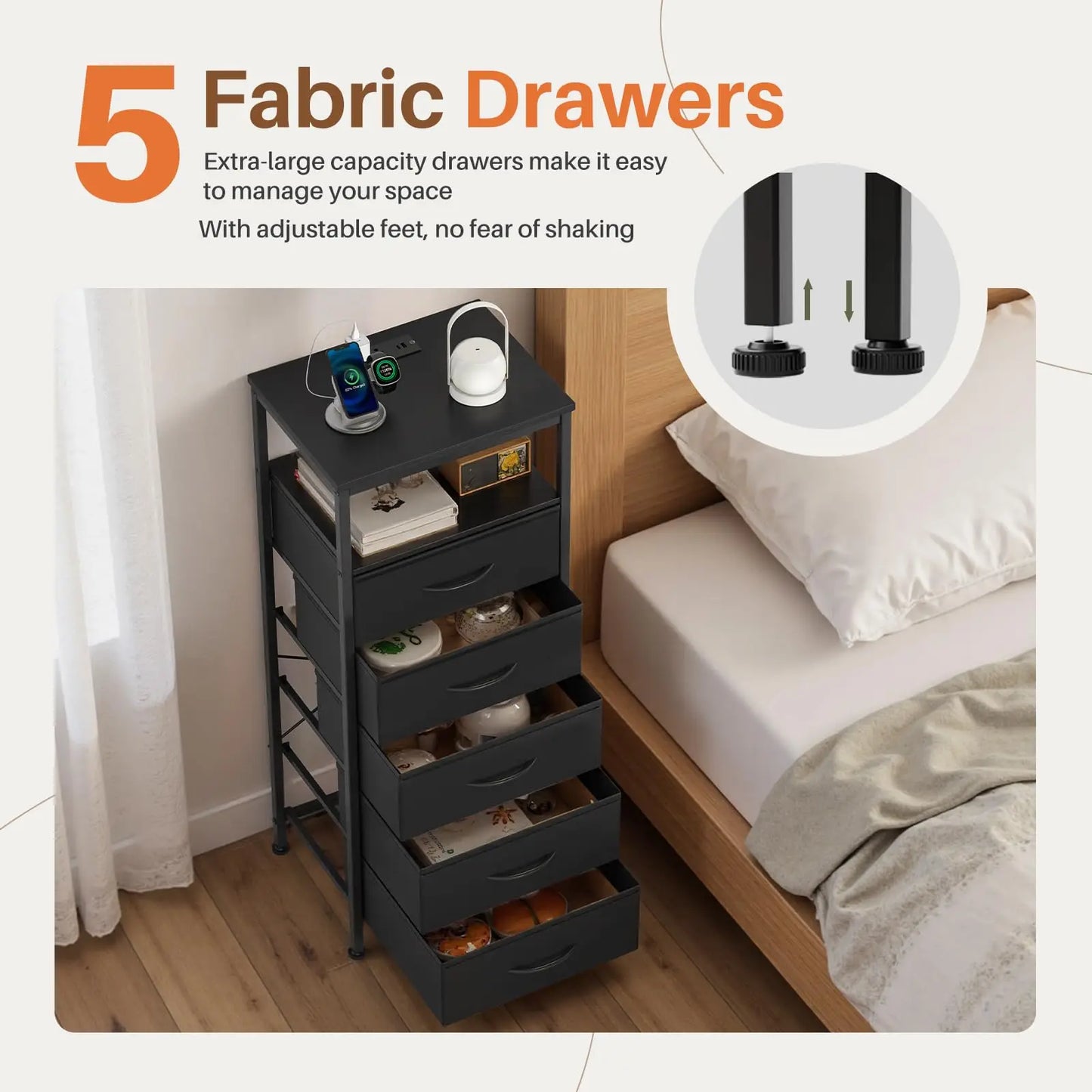 JHK Five Drawer Fabric Dresser Nightstand With Charging Station