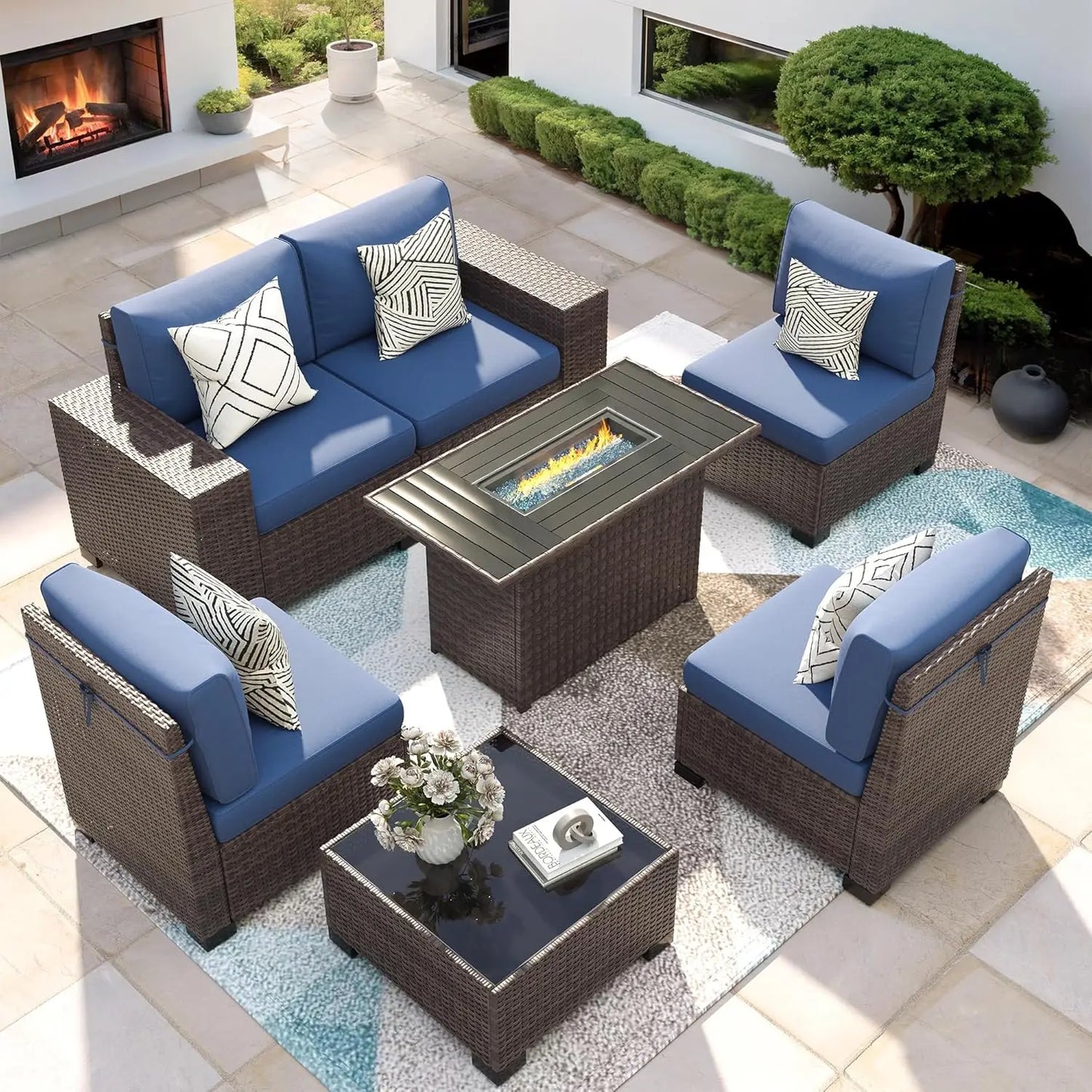XIAOLANG 7 Piece Patio Furniture Set With Fire Pit Table Outdoor