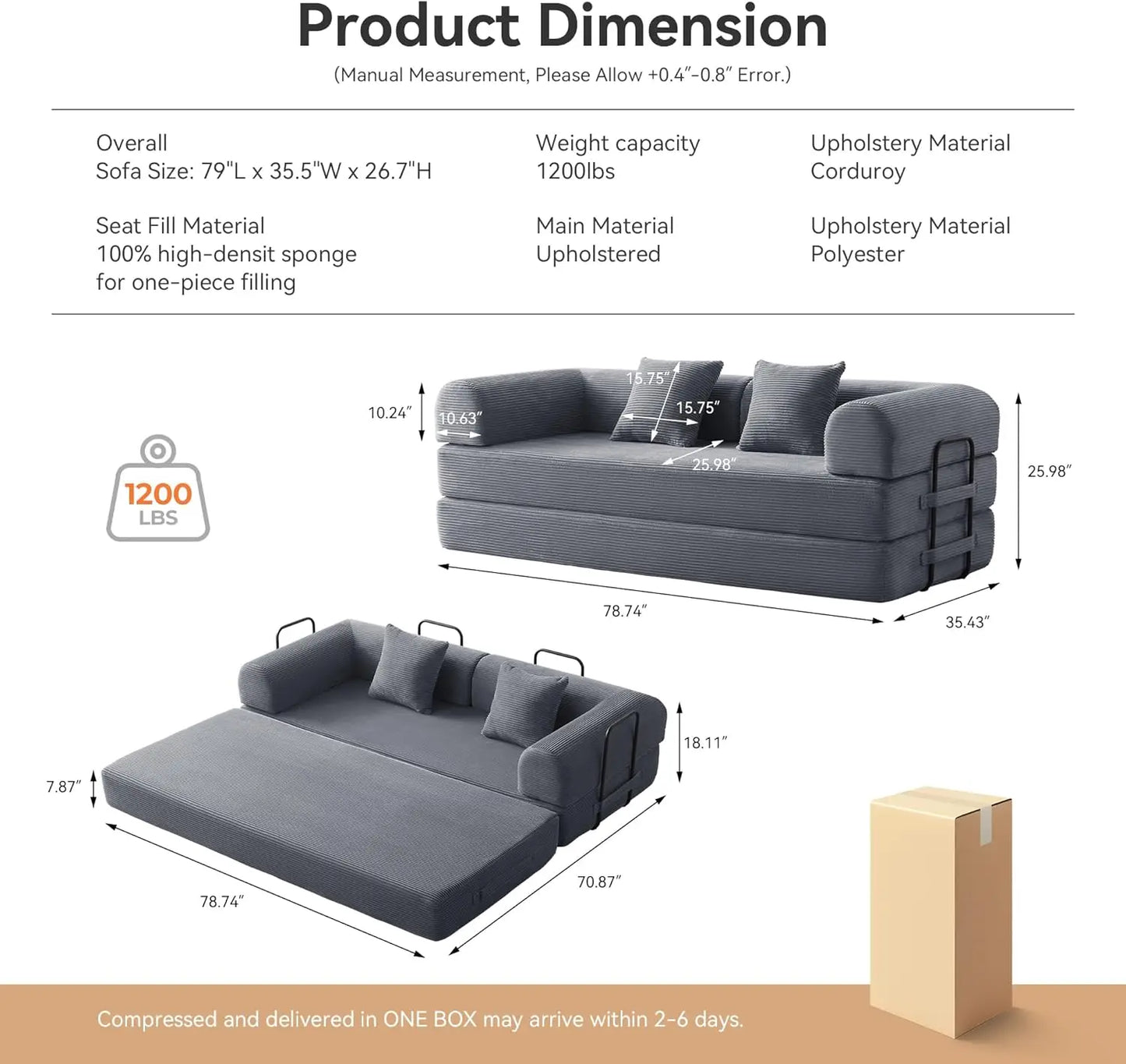 OIMG Corduroy Sleeper Sofa Bed With Fixed Frame And Mattress