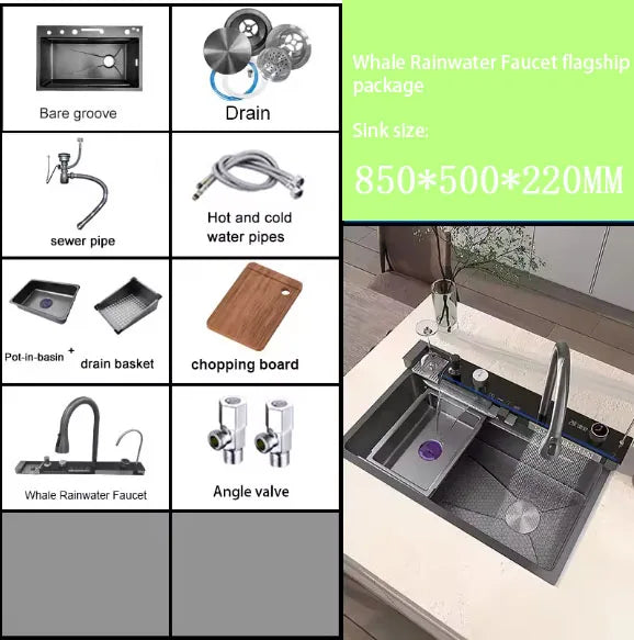 304 Stainless Steel Kitchen Waterfall Sink Digital Display Large Single Sink Dish Basin Sink With Multifunction Touch Waterfall