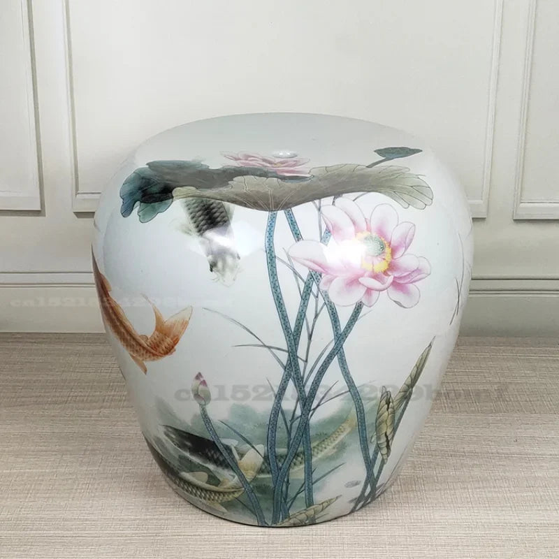 Chinese Style Fish Painting Porcelain Drum Garden Stool Decor Antique