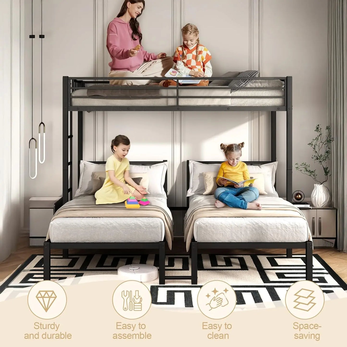 Triple Bunk Bed Metal Frame Twin Over Twin Over Twin With Guardrails
