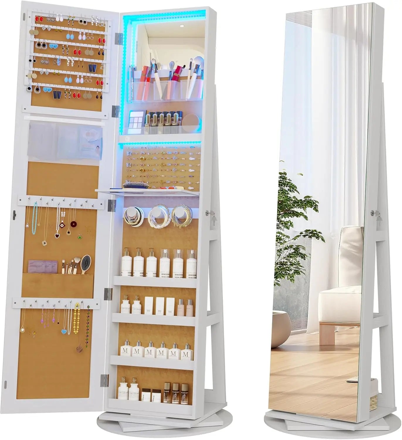 LED Jewelry Armoire With Lockable Mirror 360 Degree Rotation