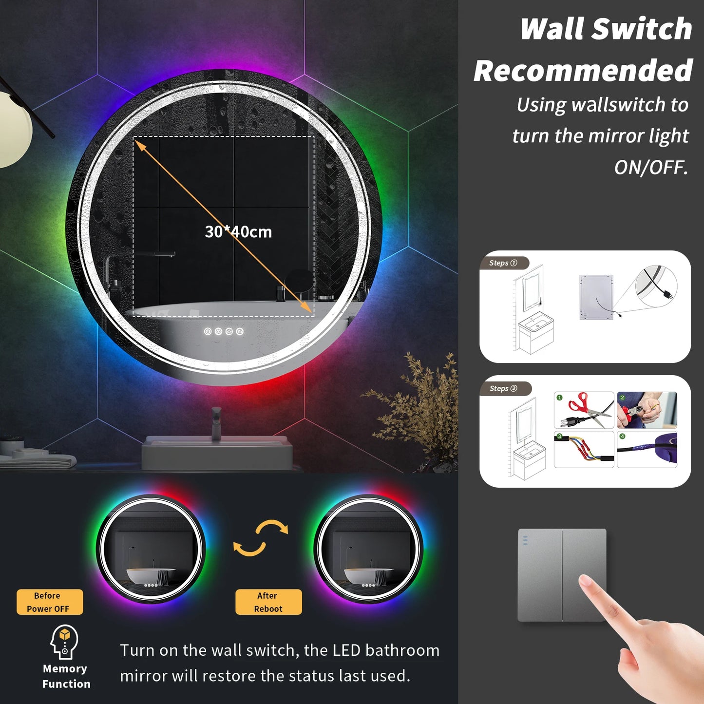 Round LED Bathroom Mirror With Backlit Front Lit Dimming Demister
