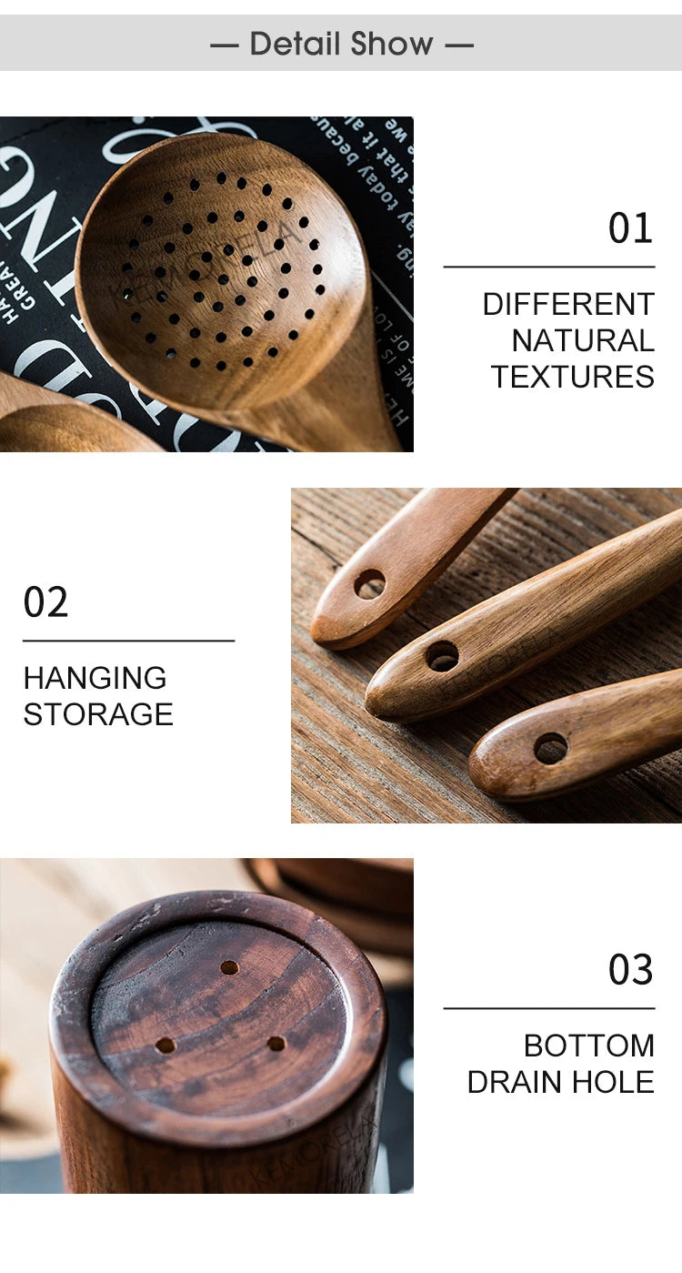 KEMORELA 9Pcs Wooden Spoons Set With Teak Kitchen Utensils Holder