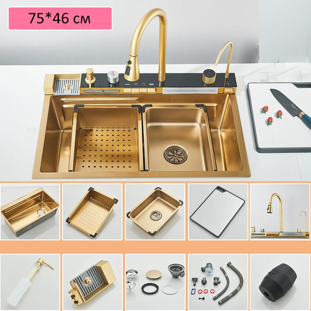 Quyanre Stainless Steel Kitchen Sink With Faucet Waterfall Digital Display