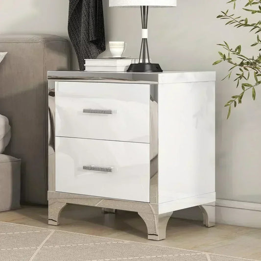 Elegant White High Gloss Mirrored Nightstand With 2 Drawers And Metal Handles