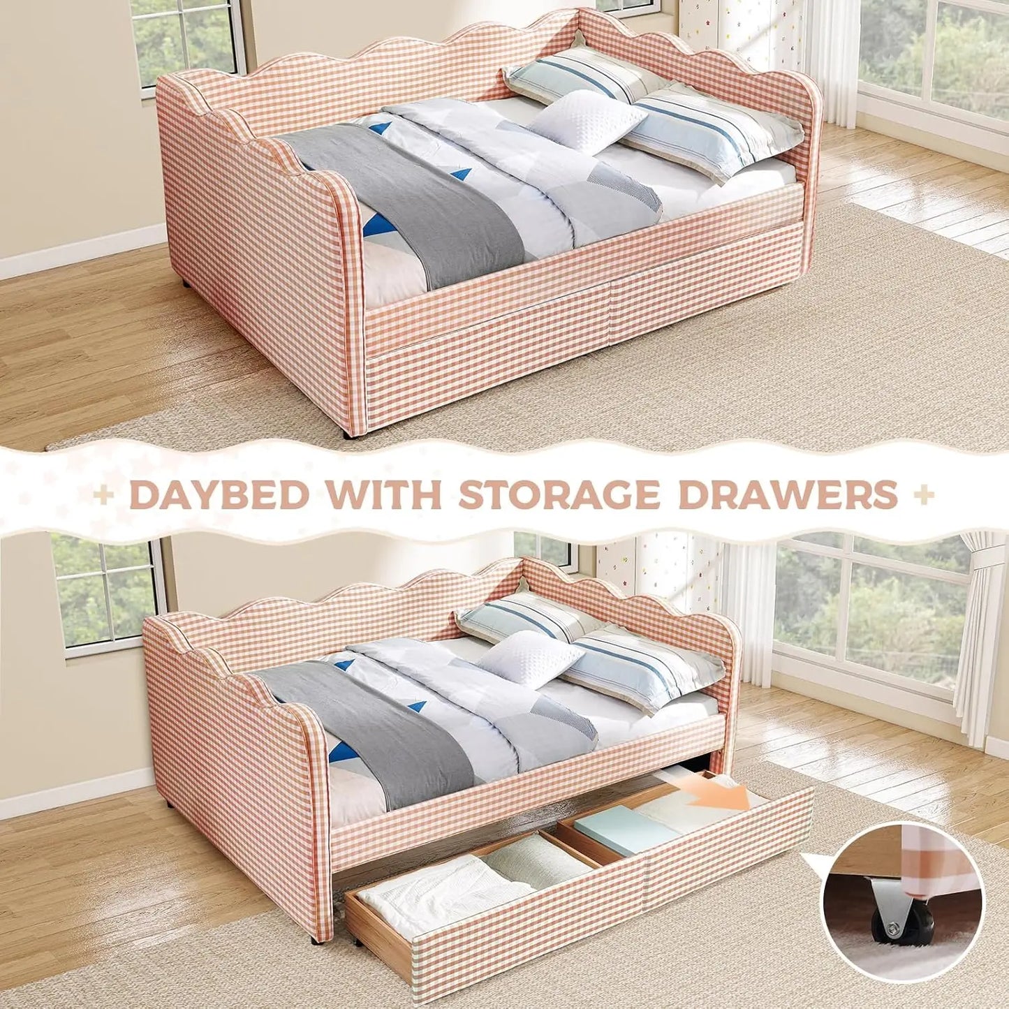 Wave Upholstered Daybed With Storage Drawers And USB Ports