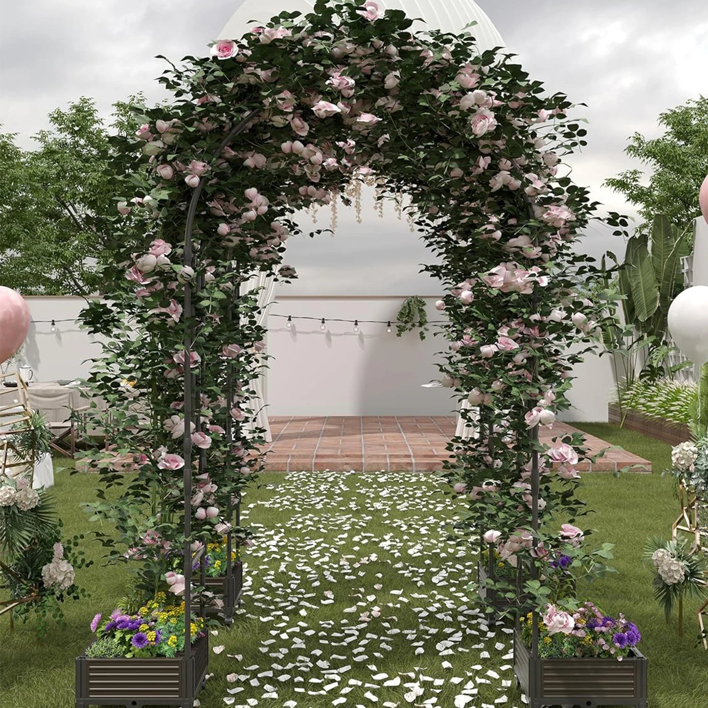 Raised Garden Bed With Trellis Arch For Flowers And Vines