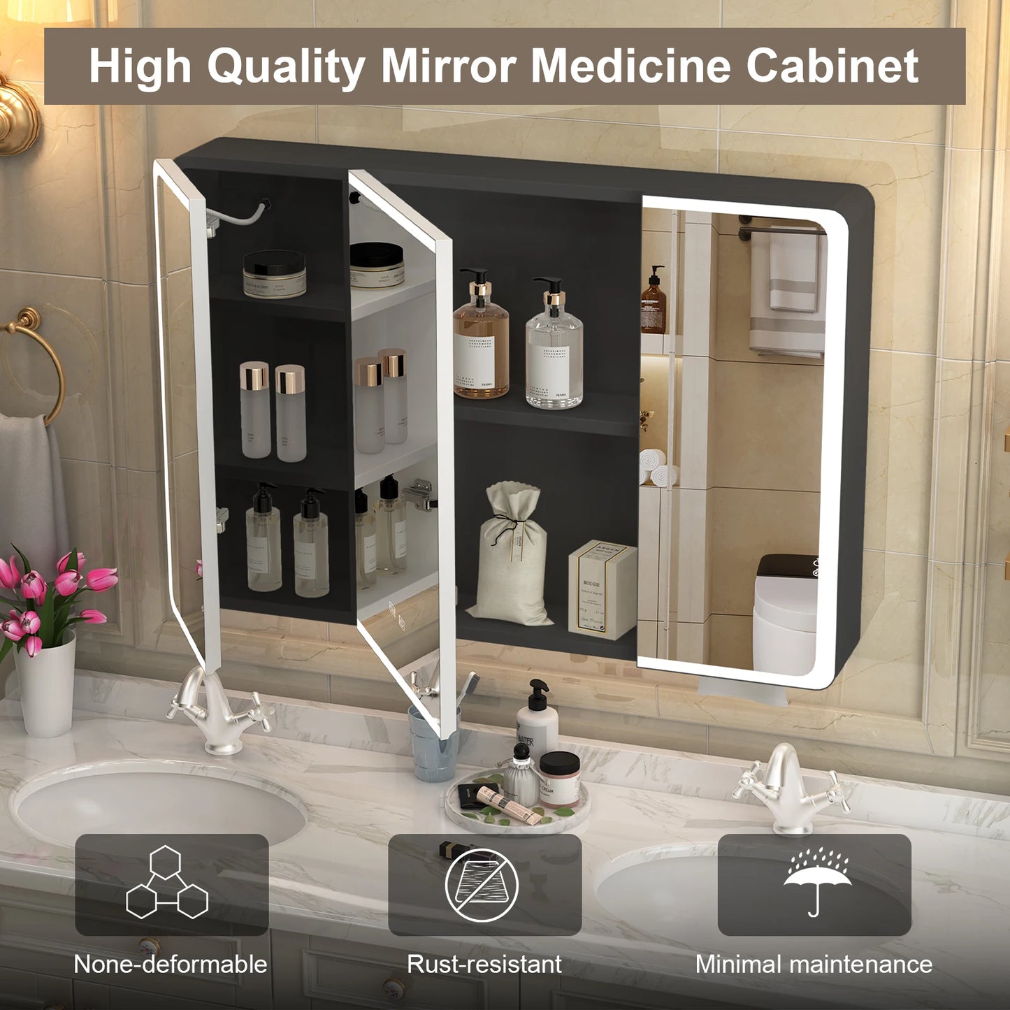 Onesaimei LED Mirror Medicine Cabinet With 2 Doors Fogless