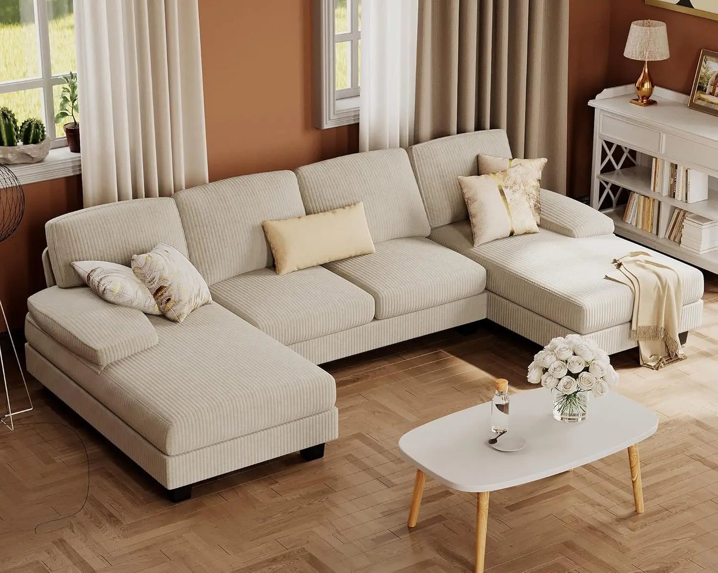 Combination U Shaped Sectional Sofa Linen Fabric Chaise 4 Seat