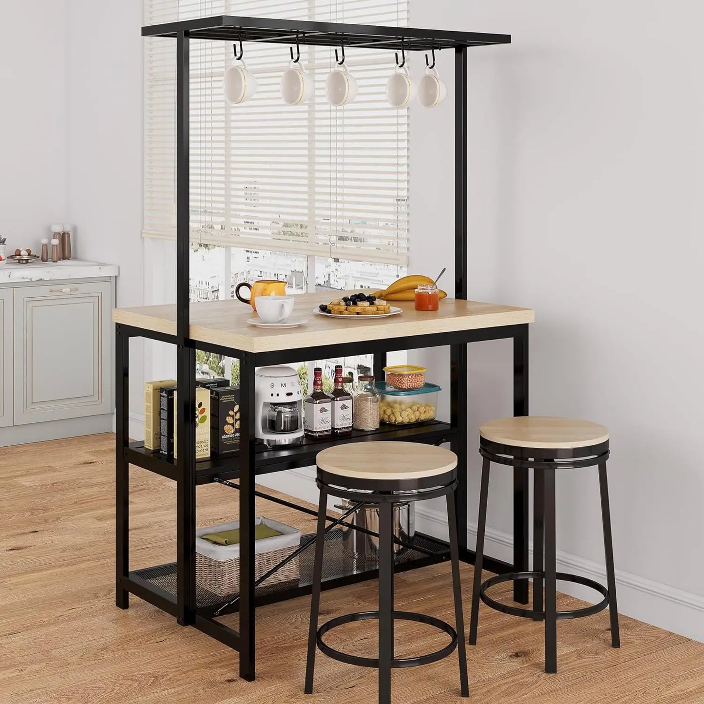 HiMISS Kitchen Island With Storage And Power Outlet Bakers Rack