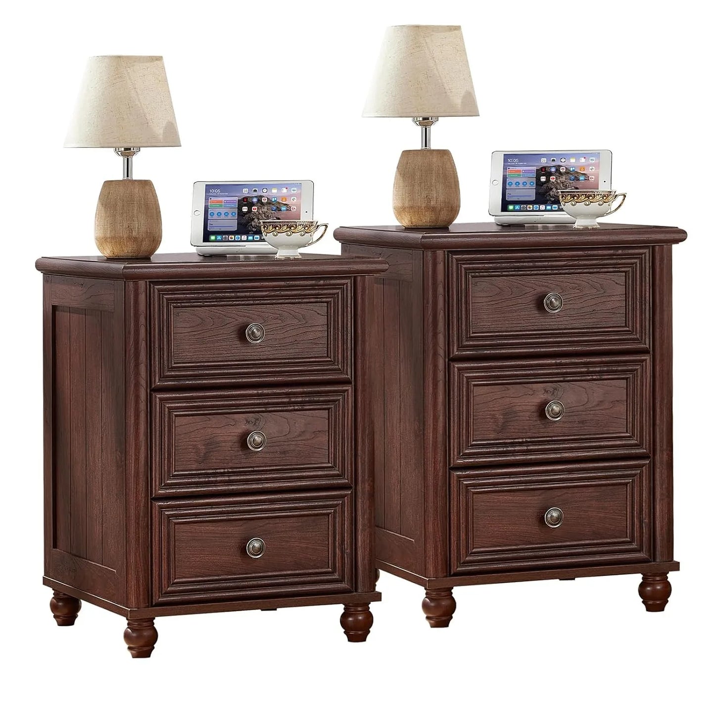 Walnut Farmhouse Nightstands With 3 Drawers Bedside Tables