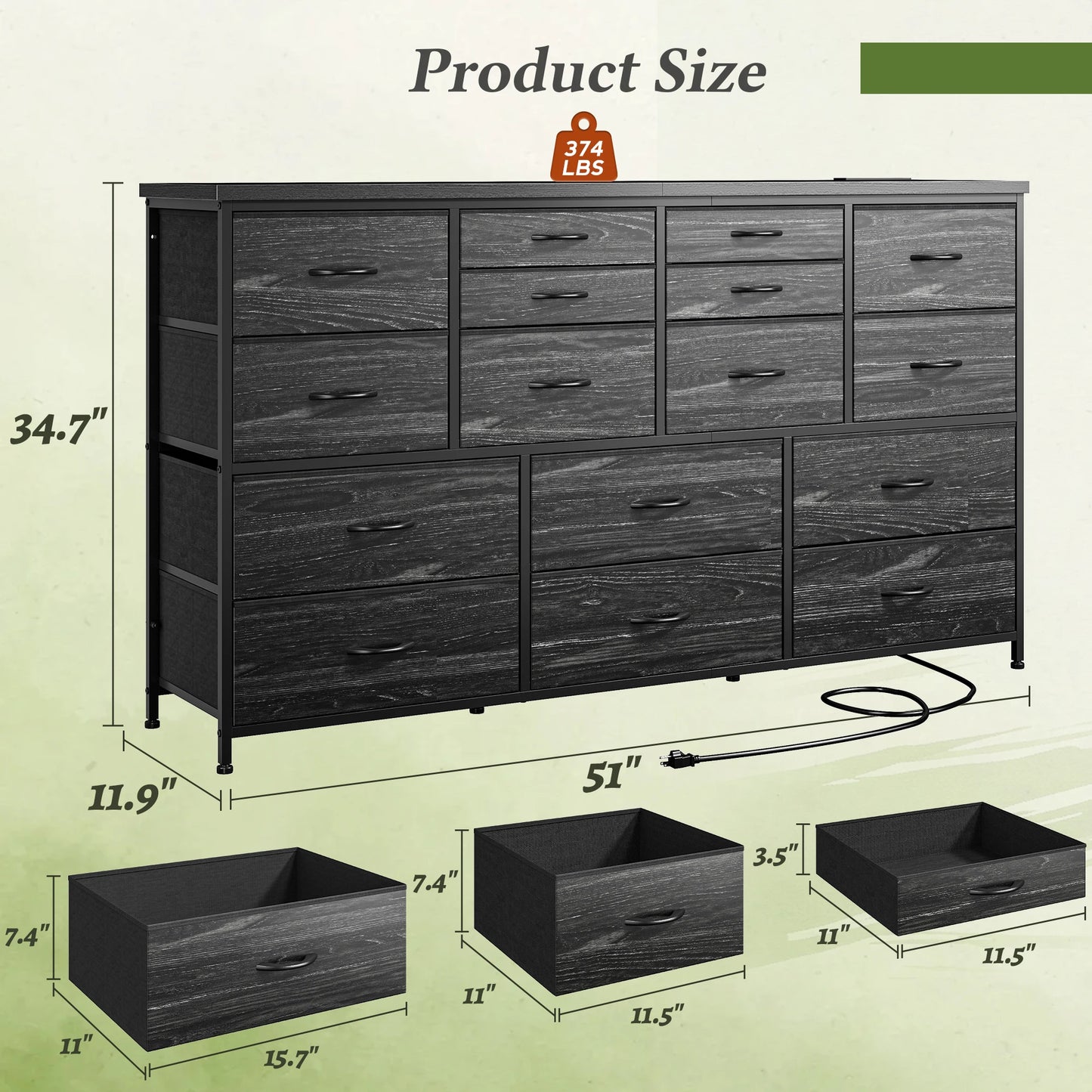 Fabric Dresser With Charging Station And TV Stand Organizer