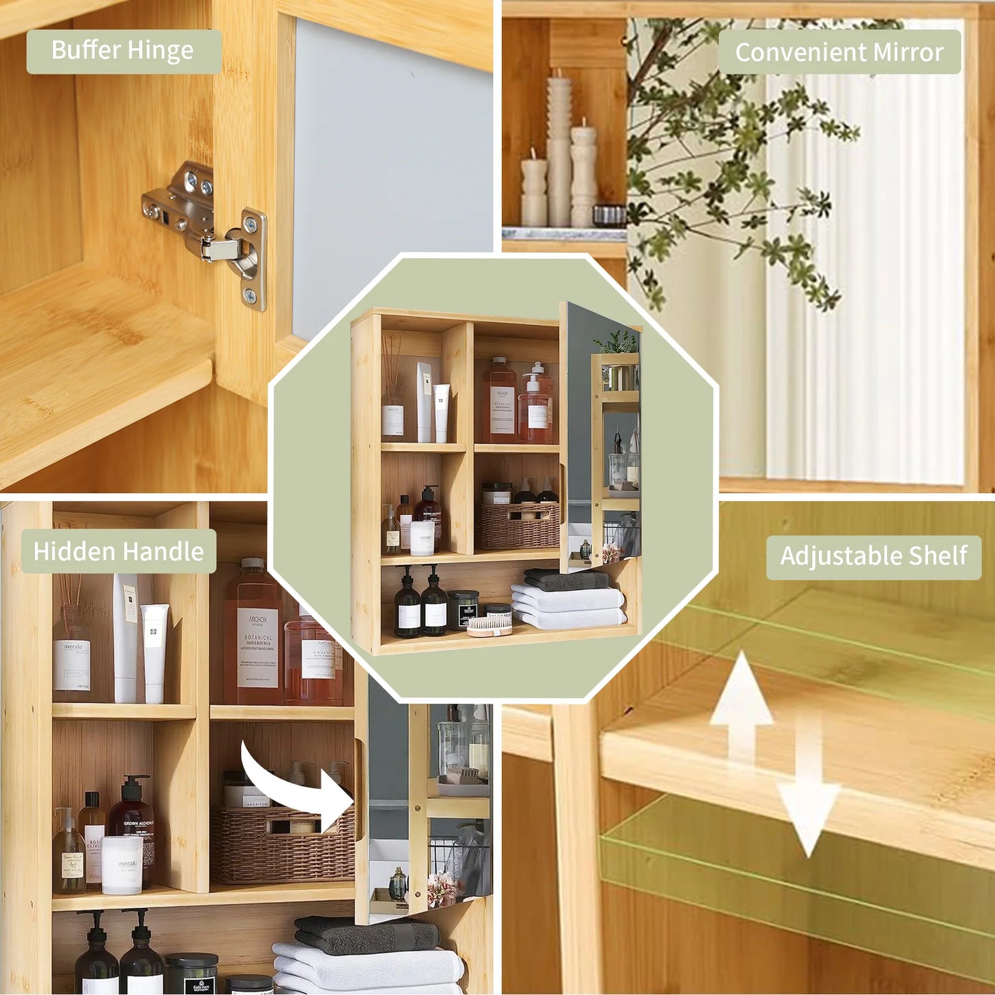 Wall Mounted Bamboo Medicine Cabinet Five Shelves Bathroom Vanity Mirror
