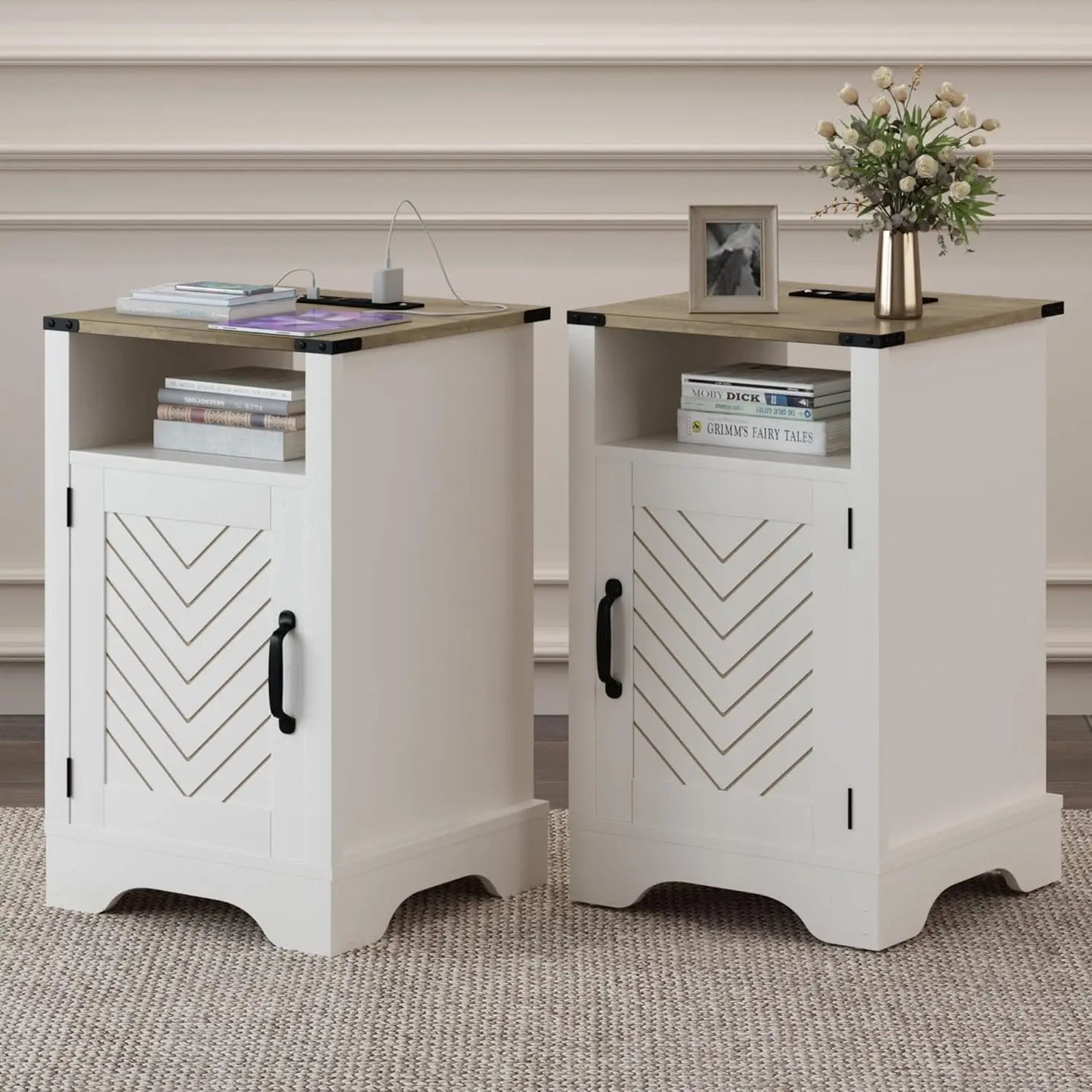 Farmhouse Nightstand Set Of 2 With Charging Station And Storage