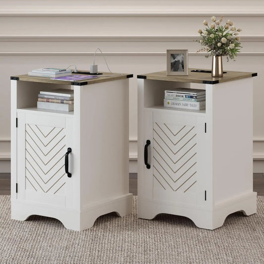 Farmhouse Nightstand Set Of 2 With Charging Station And Storage