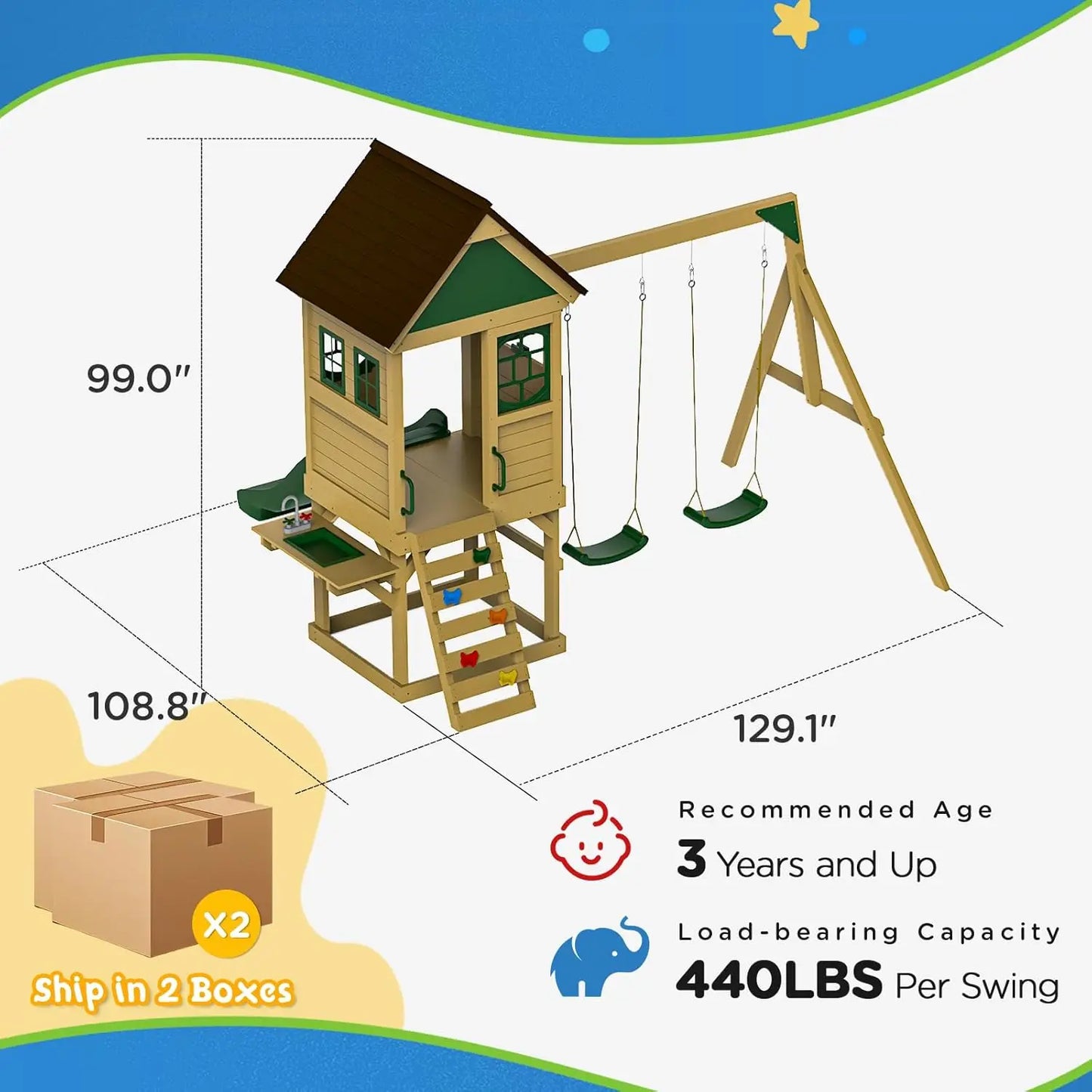 Cedar Wood Outdoor Kids Swing Set With Wave Slide Backyard