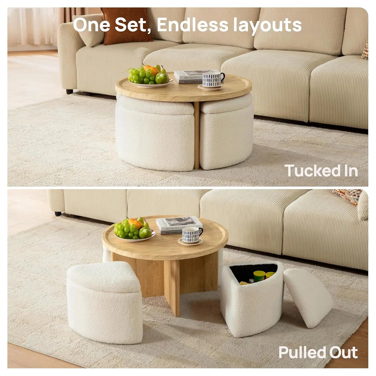 Guangbai Round Coffee Table With Storage And Ottomans