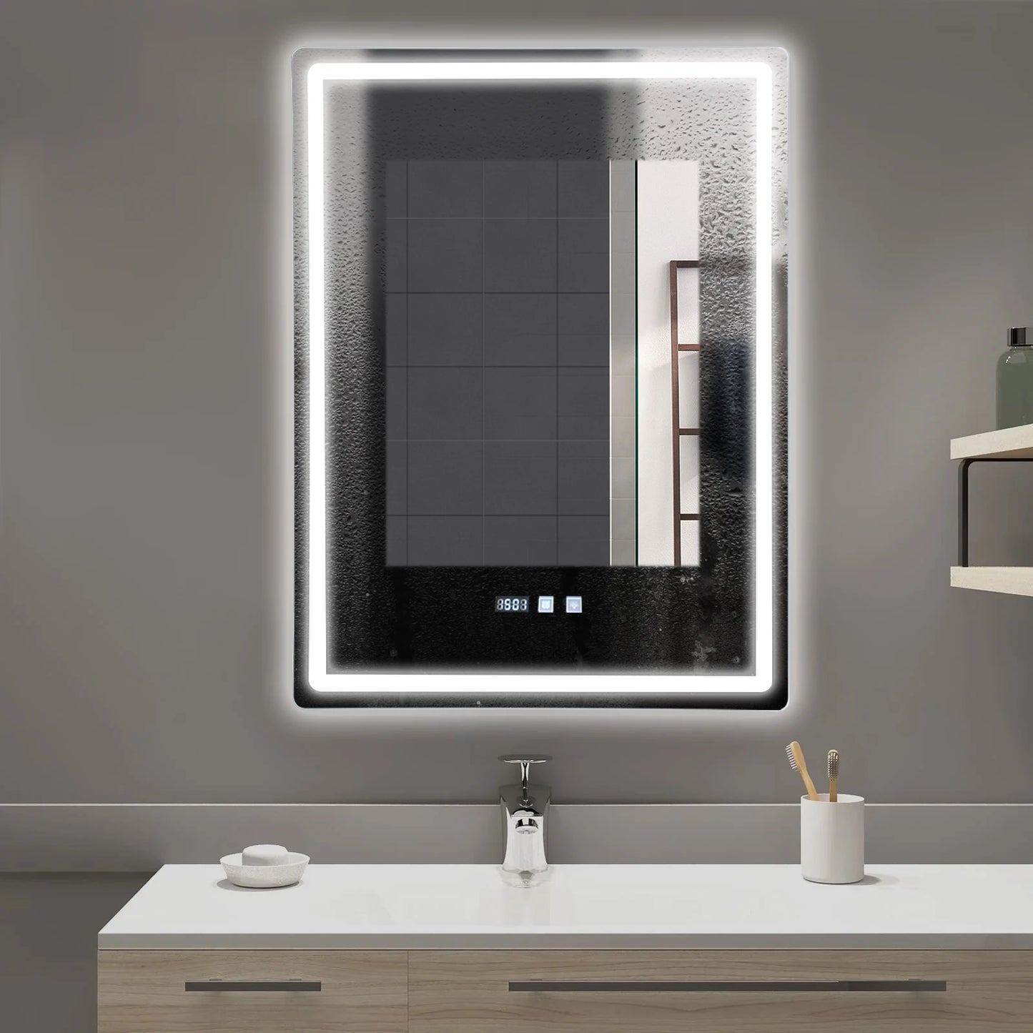 LED Bathroom Mirror Anti Fog Wall Mounted Lighted Time Temperature