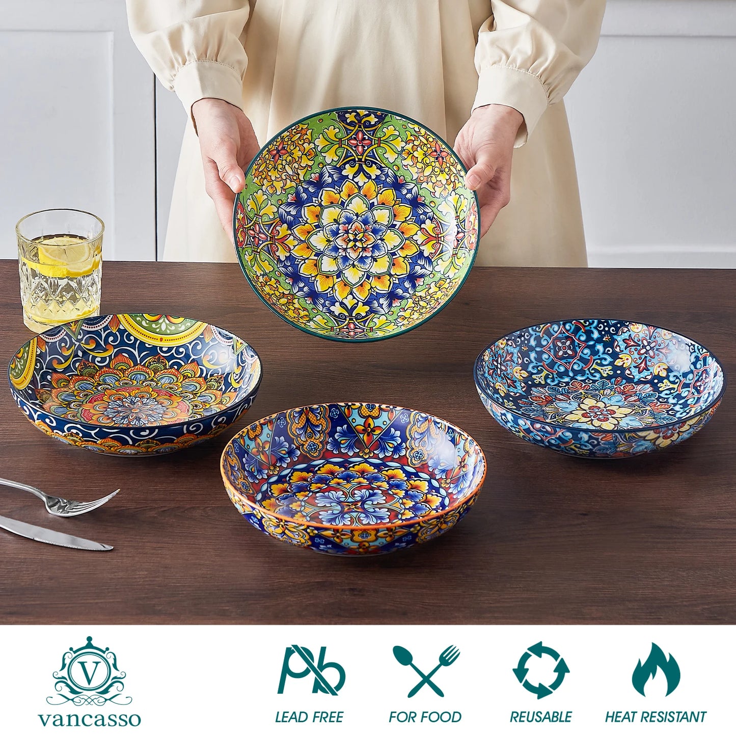 Malacasa Ceramic Pasta Bowls Floral Pattern Oven and Dishwasher Safe