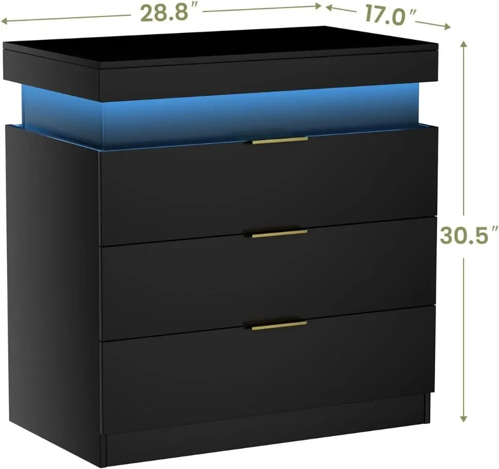 Nightstand With LED Lights And Charging Station Three Drawers