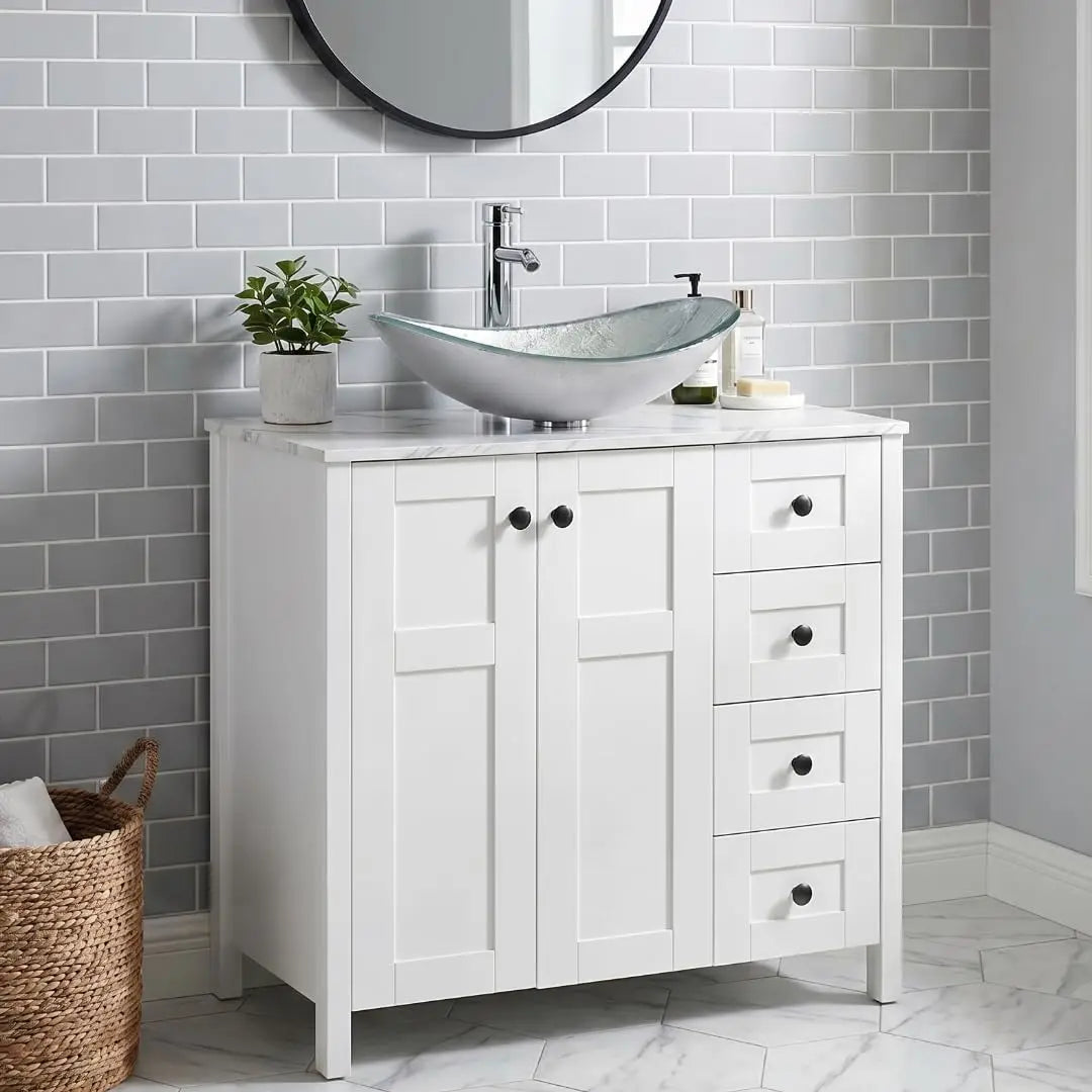 Minimalist Bathroom Vanity With Marble Texture And Ceramic Sink