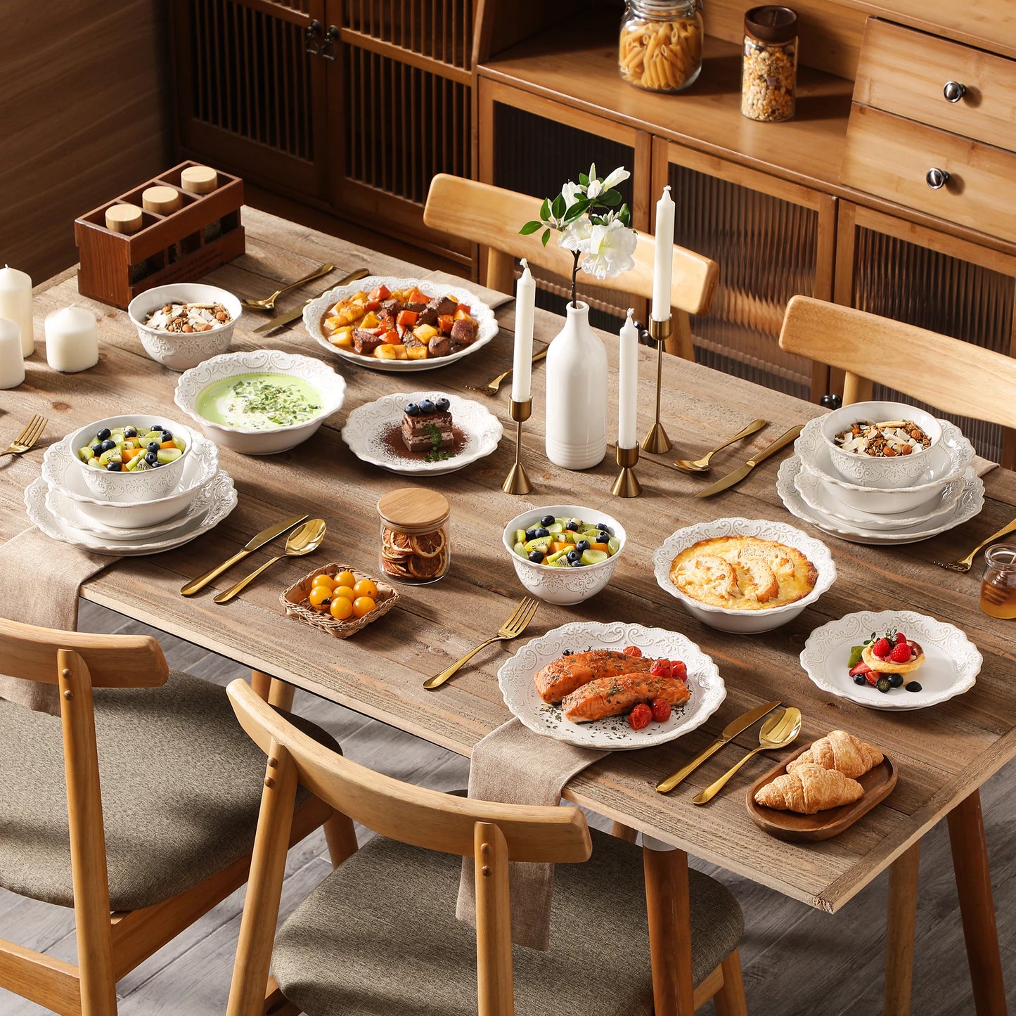 MALACASA Relief White Stoneware Dinnerware Set For Everyday Use
