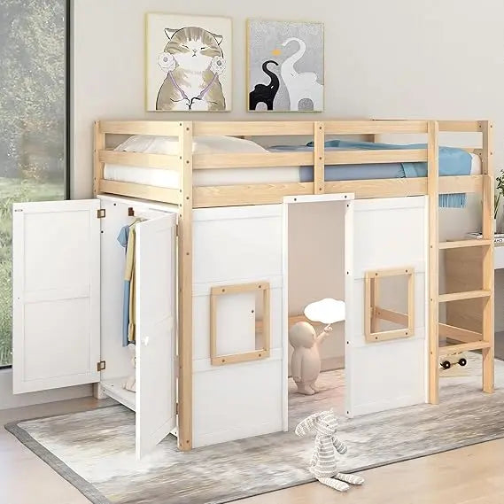 Playhouse Design Loft Bed With Built In Storage Wardrobe And Windows