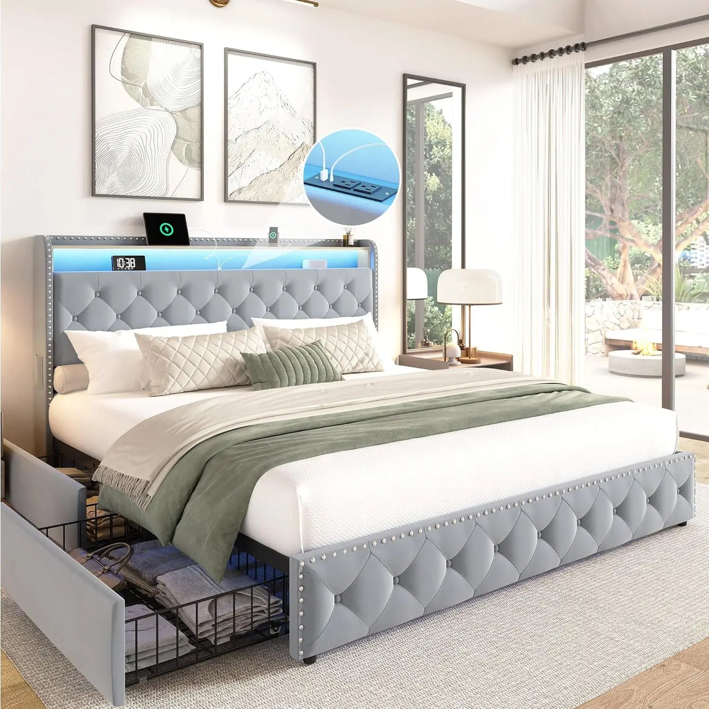 Velvet Bed Frame With LED Lighting And Storage Drawers