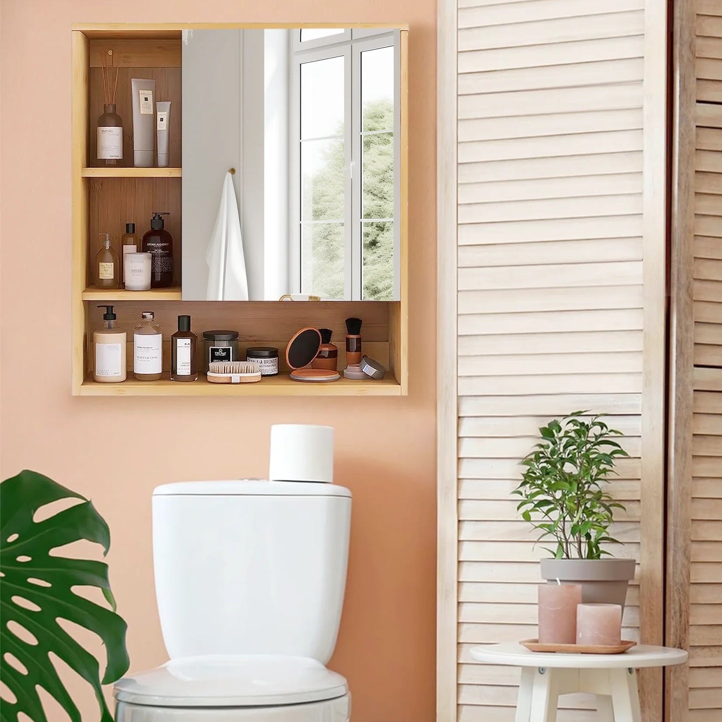 Wall Mounted Bamboo Medicine Cabinet Five Shelves Bathroom Vanity Mirror