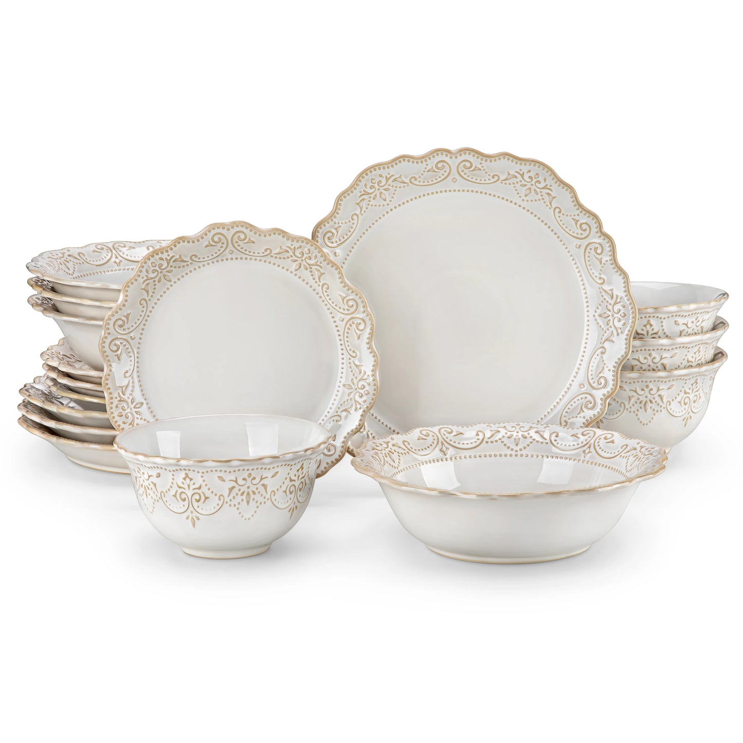 MALACASA Relief White Stoneware Dinnerware Set For Everyday Use