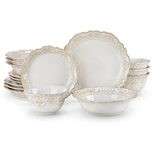 MALACASA Relief White Stoneware Dinnerware Set For Everyday Use