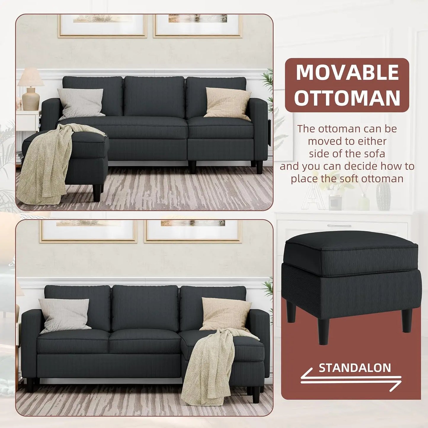 Convertible Sectional Sofa L-Shape With Movable Ottoman 3-Seat