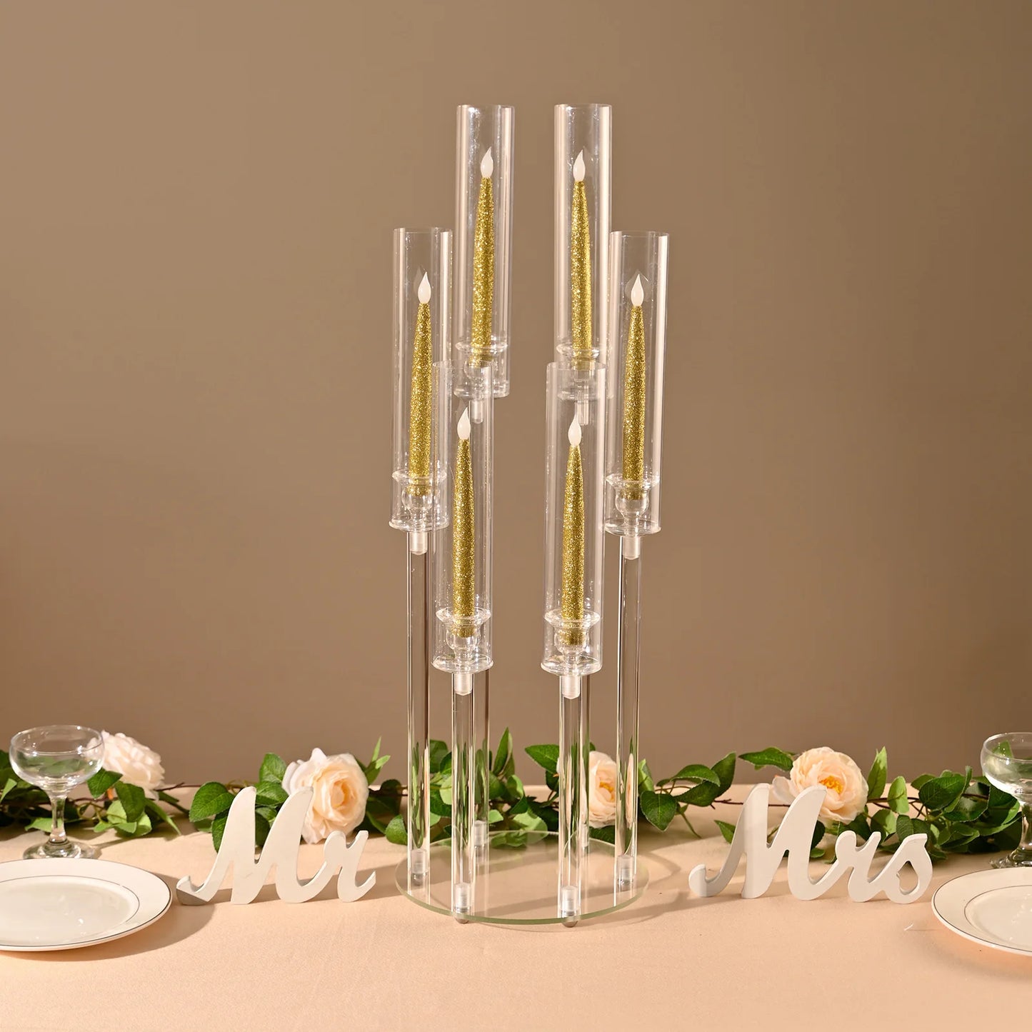 VINCIGANT Six Arm Acrylic Candelabra LED Candle Holder