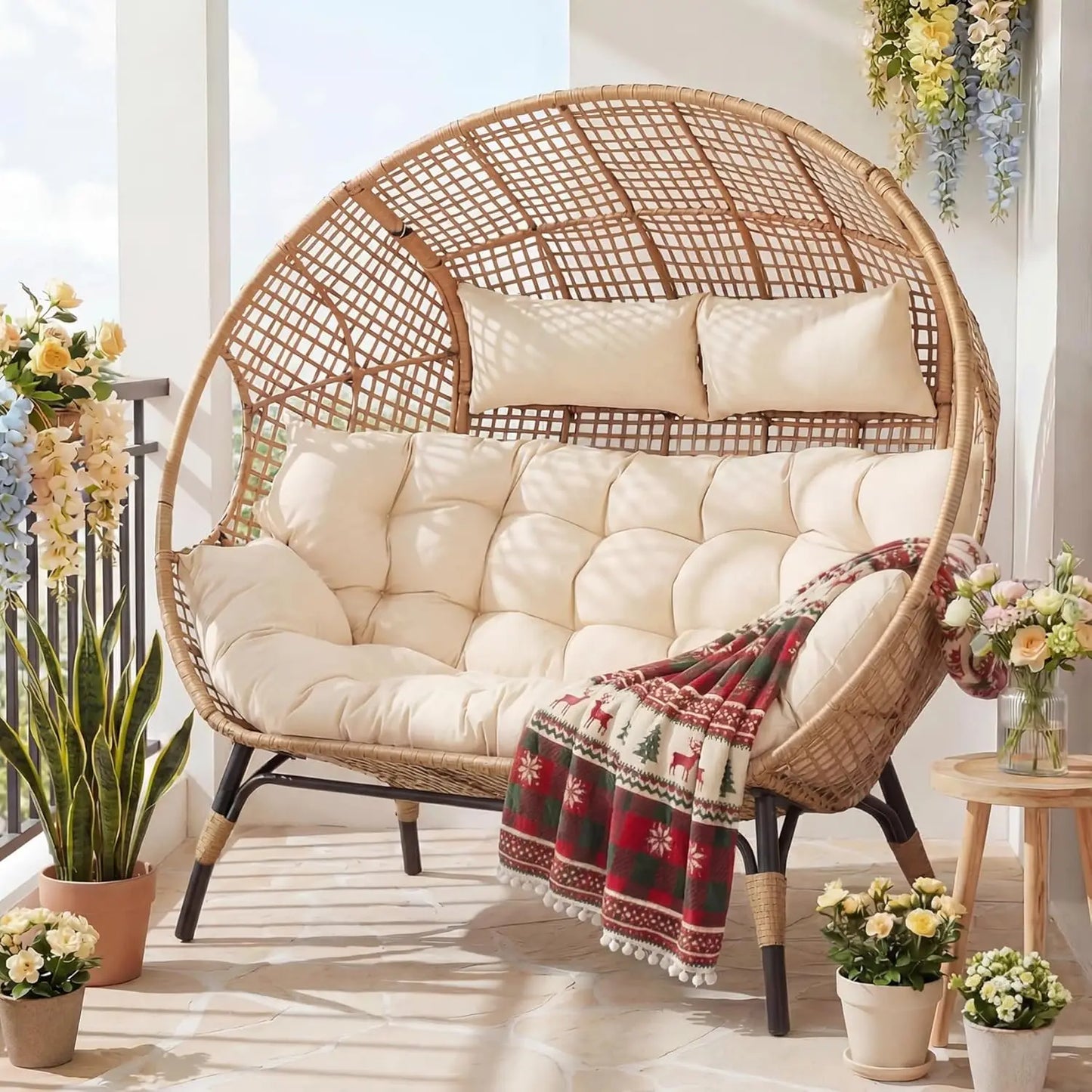 Wicker Rattan Cushioned Loveseat For Patio Garden Indoor Use